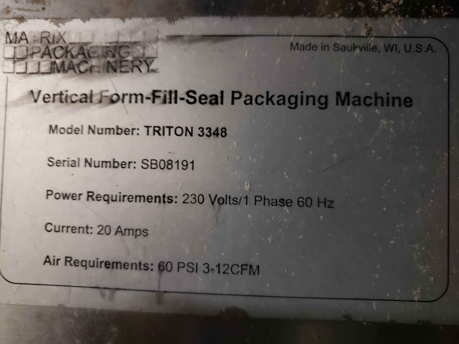 Matrix Triton 3348 Vertical Form-Fill-Seal Packaging Machine, S/N SB08191 | Rig Fee $750 - Image 2 of 7