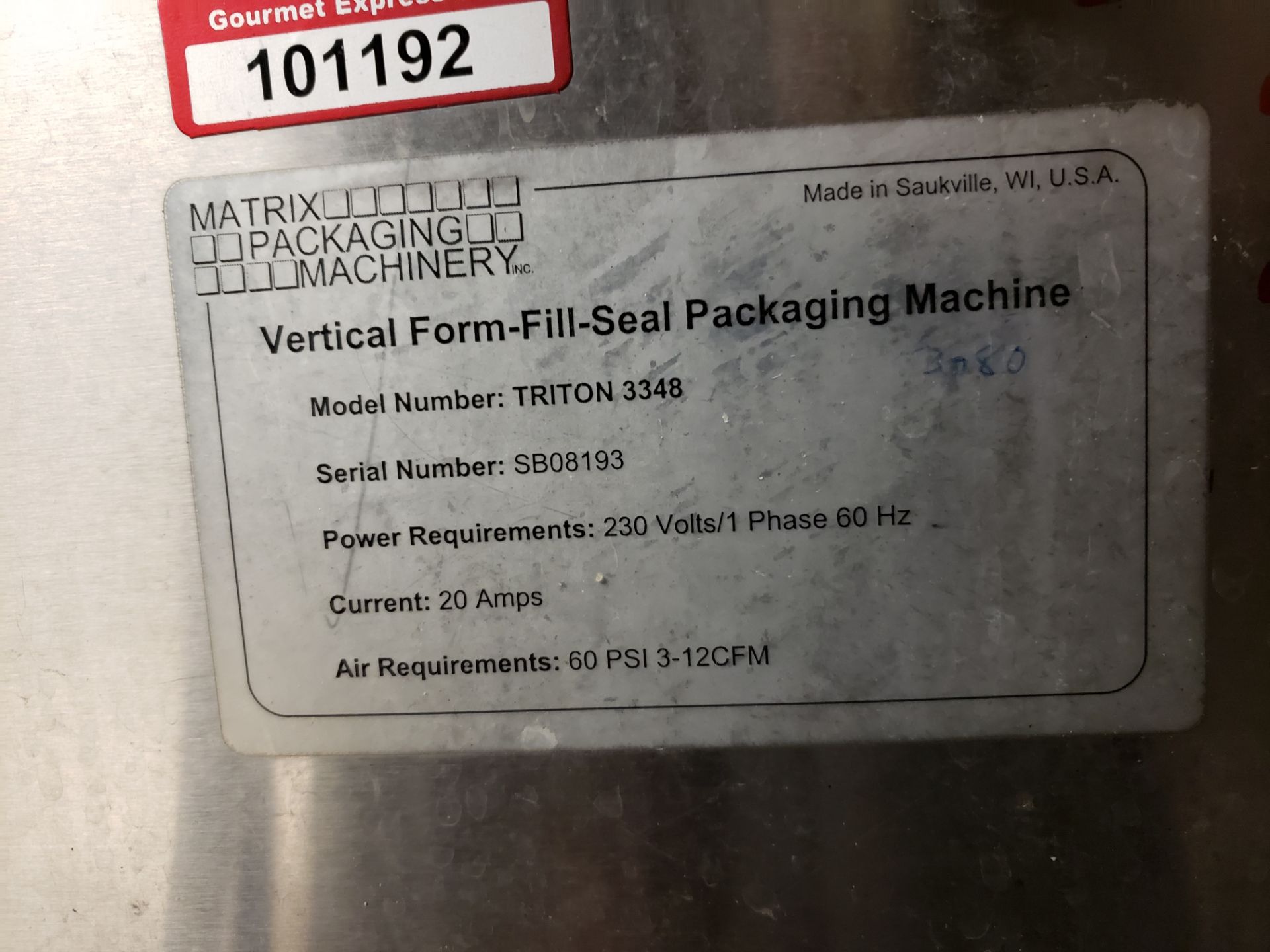 Matrix Triton 3348 Vertical Form-Fill-Seal Packaging Machine, S/N SB08193 | Rig Fee $750 - Image 3 of 10