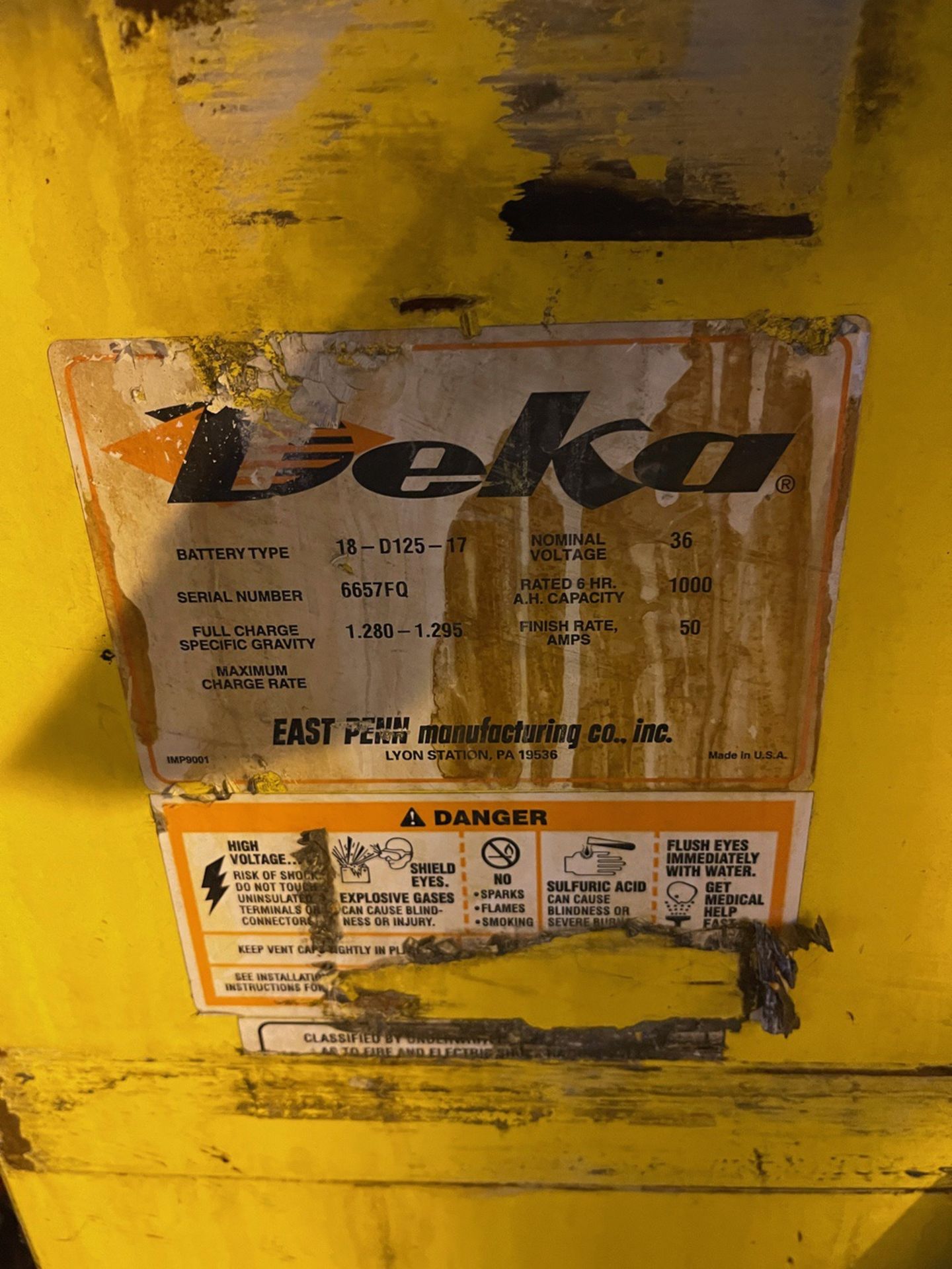 Deka 36V Fork Lift Battery, Model 18-D125-17, S/N 6657FQ | Rig Fee $50 - Image 2 of 2