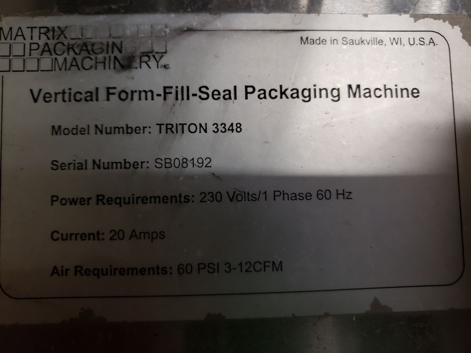 Matrix Triton 3348 Vertical Form-Fill-Seal Packaging Machine, S/N SB08192 | Rig Fee $750 - Image 2 of 10