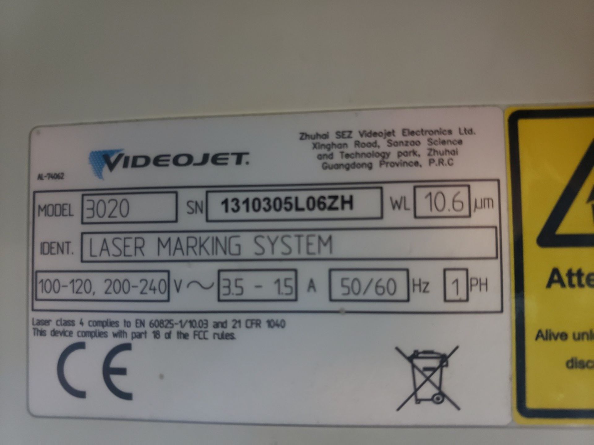 Videojet Laser Marking System, M# 3020, S/N 1310305L06ZH - Subj to Bulk | Rig Fee $250 - Image 2 of 2