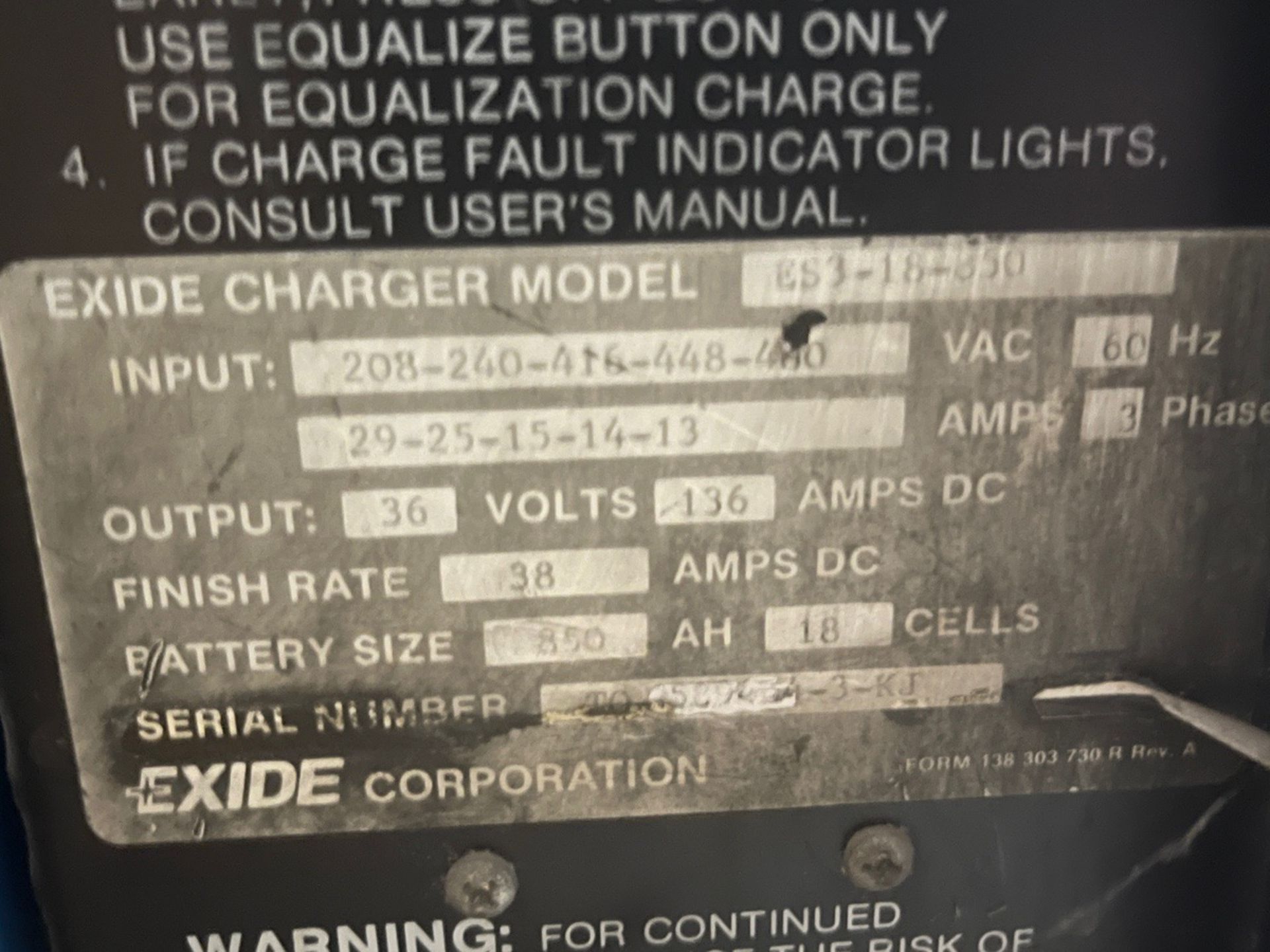 Exide 36V Battery Charger, Model ES3-18-050 | Rig Fee $20 - Bild 2 aus 2