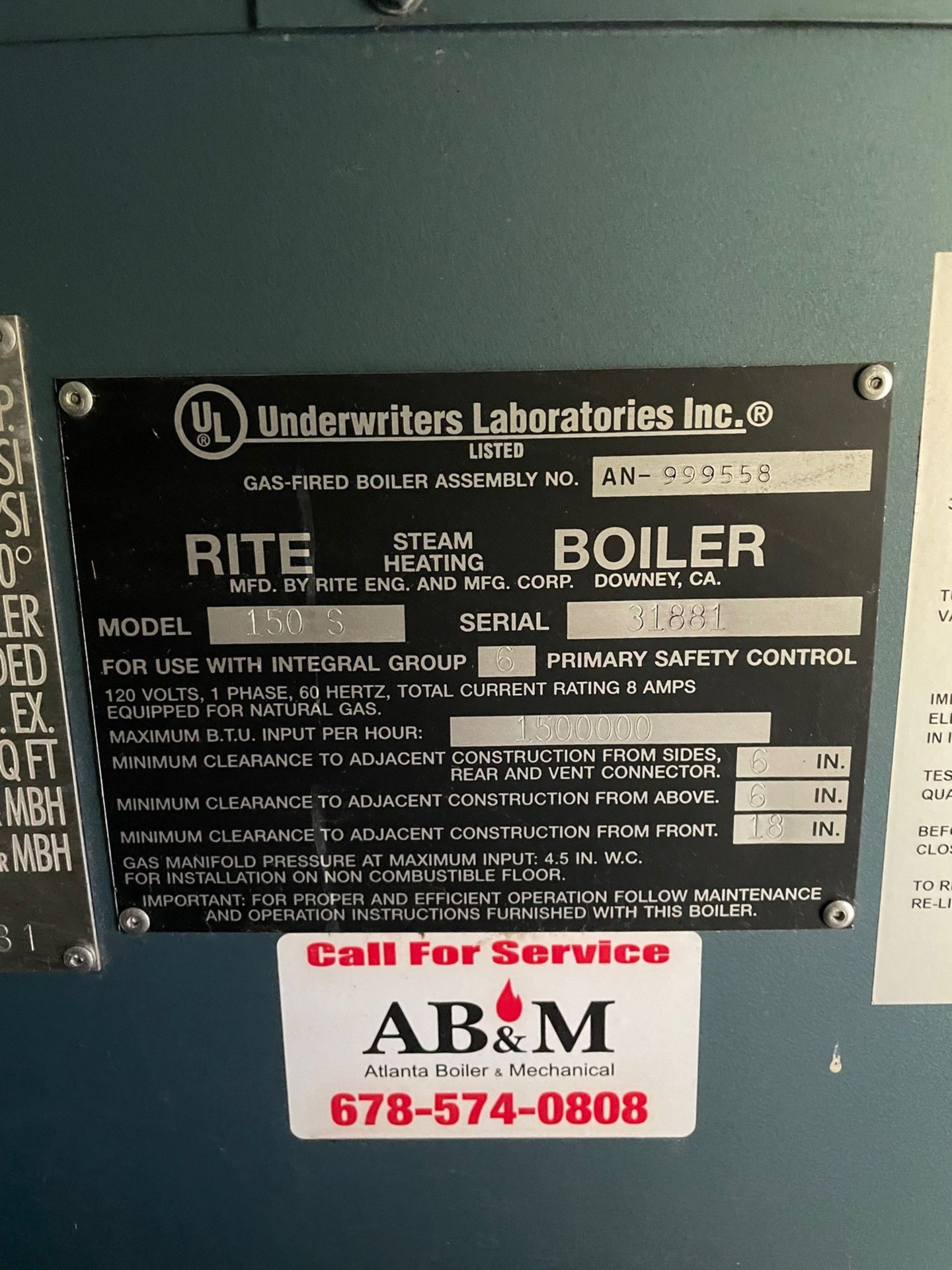 Rite Model 150S, Serial No. 31881 1.5mm BTU/Hr 15 Psi Boiler With Condensate Return | Rig Fee $1250 - Image 3 of 8