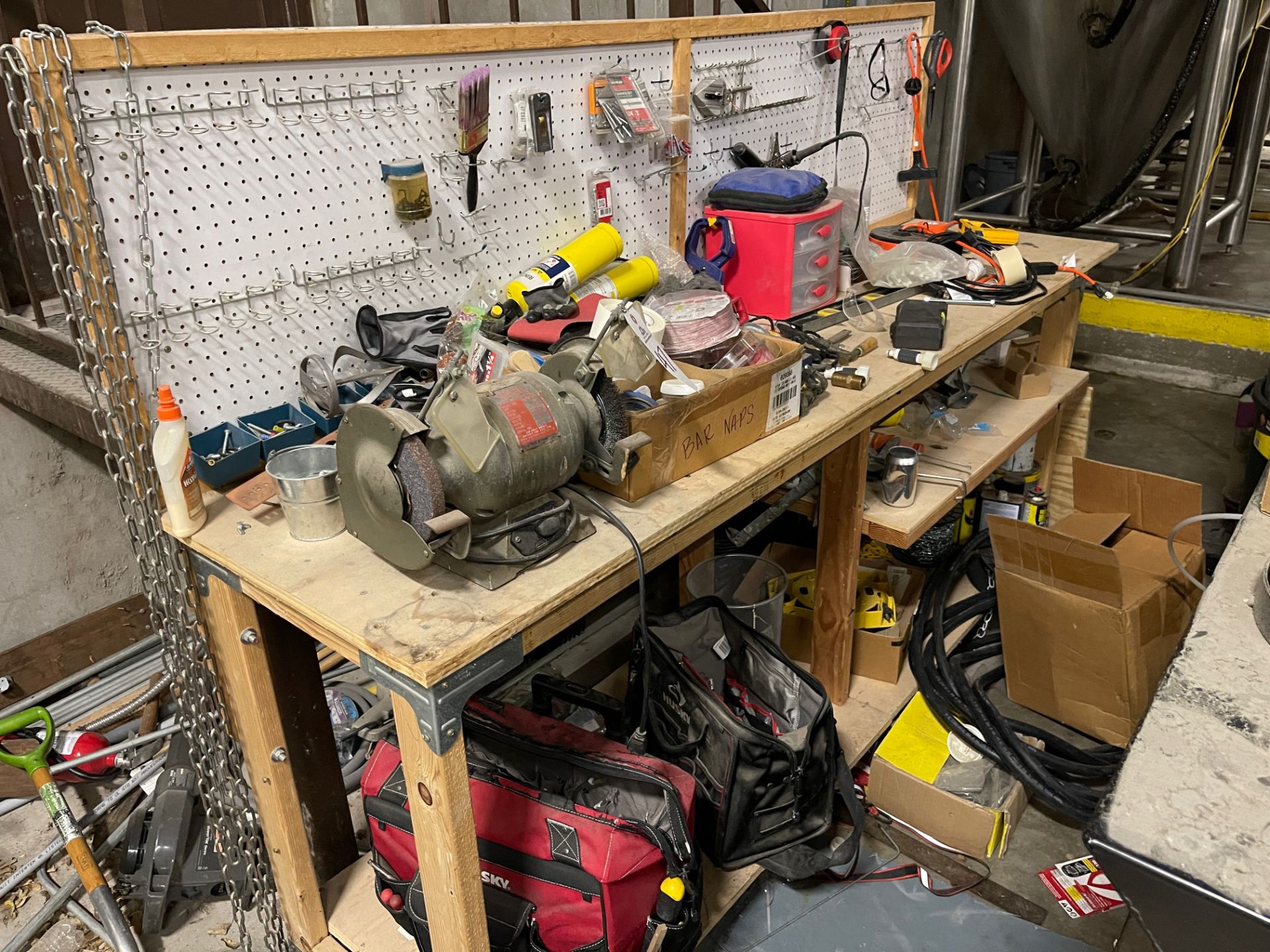 Lot of Contents of Work Bench Including Vise, Tool Bags, and Assorted Tools | Rig Fee $200