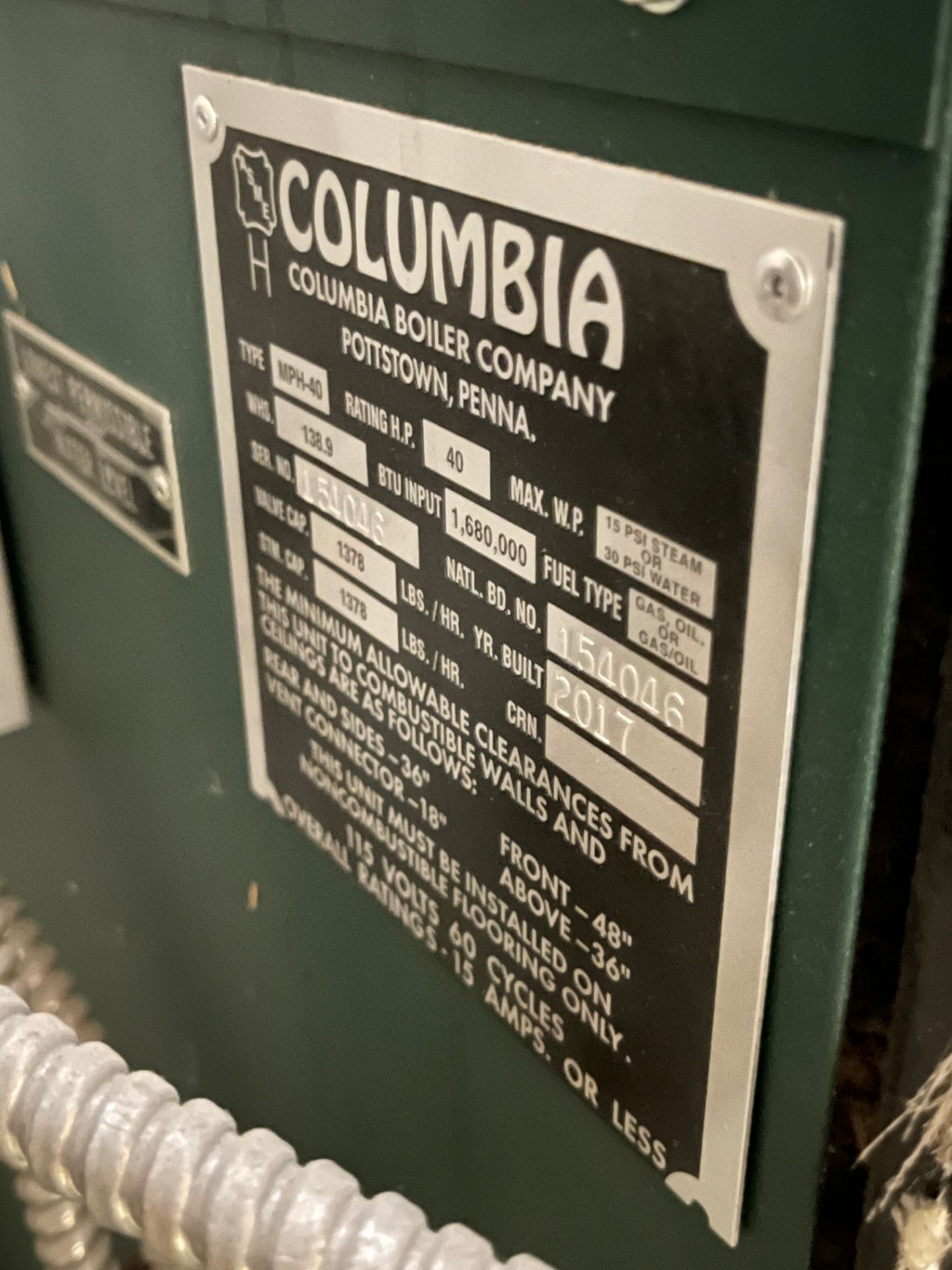 2017 Columbia Boiler MPH-40, S/N 154046, Power Flame Burner Model LNICR2-G-20A, S/N | Rig Fee $1250 - Image 3 of 7