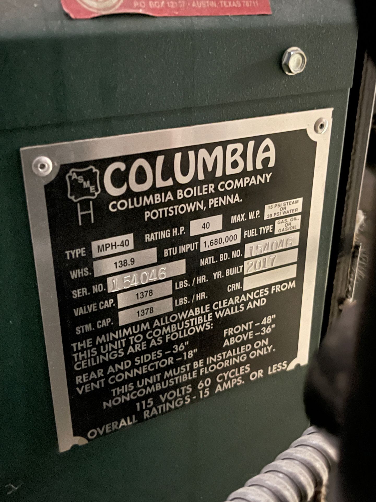 2017 Columbia Boiler MPH-40, S/N 154046, Power Flame Burner Model LNICR2-G-20A, S/N | Rig Fee $1250 - Image 4 of 7