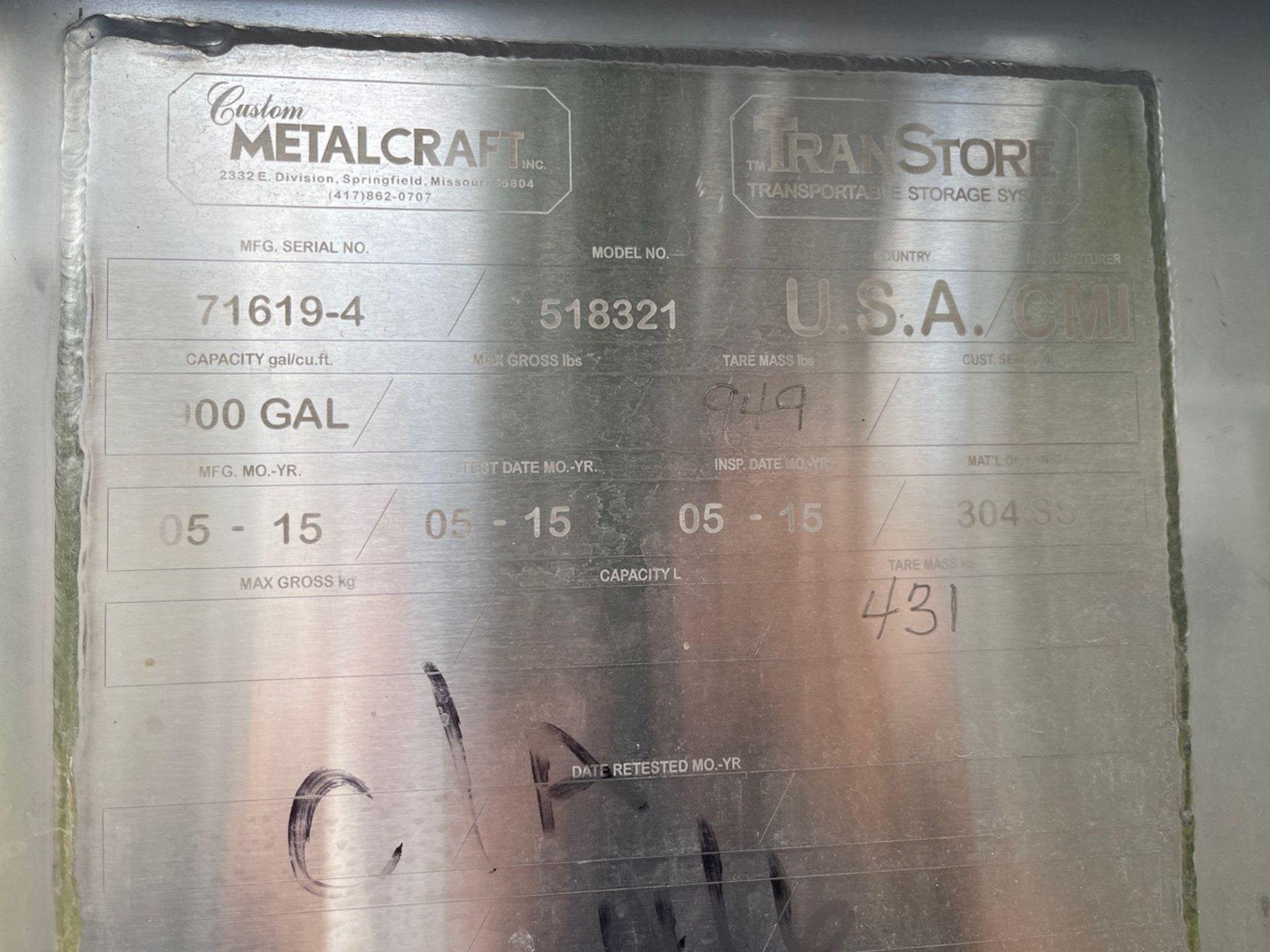 Metalcraft 900 Gallon Stainless Steel Tote, Model 518321, S/N 71619-4 (Located in | Rig Fee $100 - Image 2 of 3