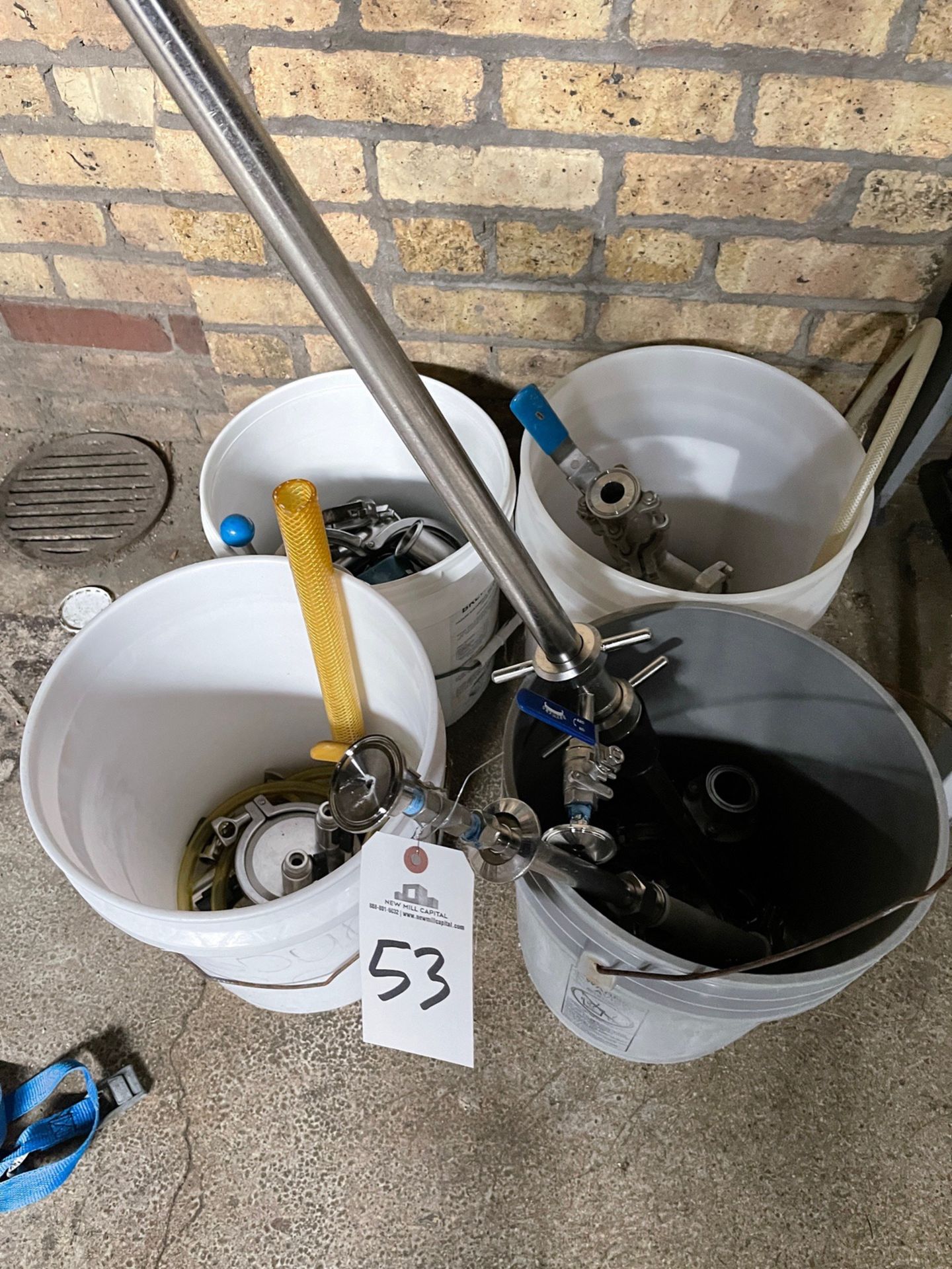 Lot of (4) Buckets with Stainless Steel Brewing Parts | Rig Fee $35