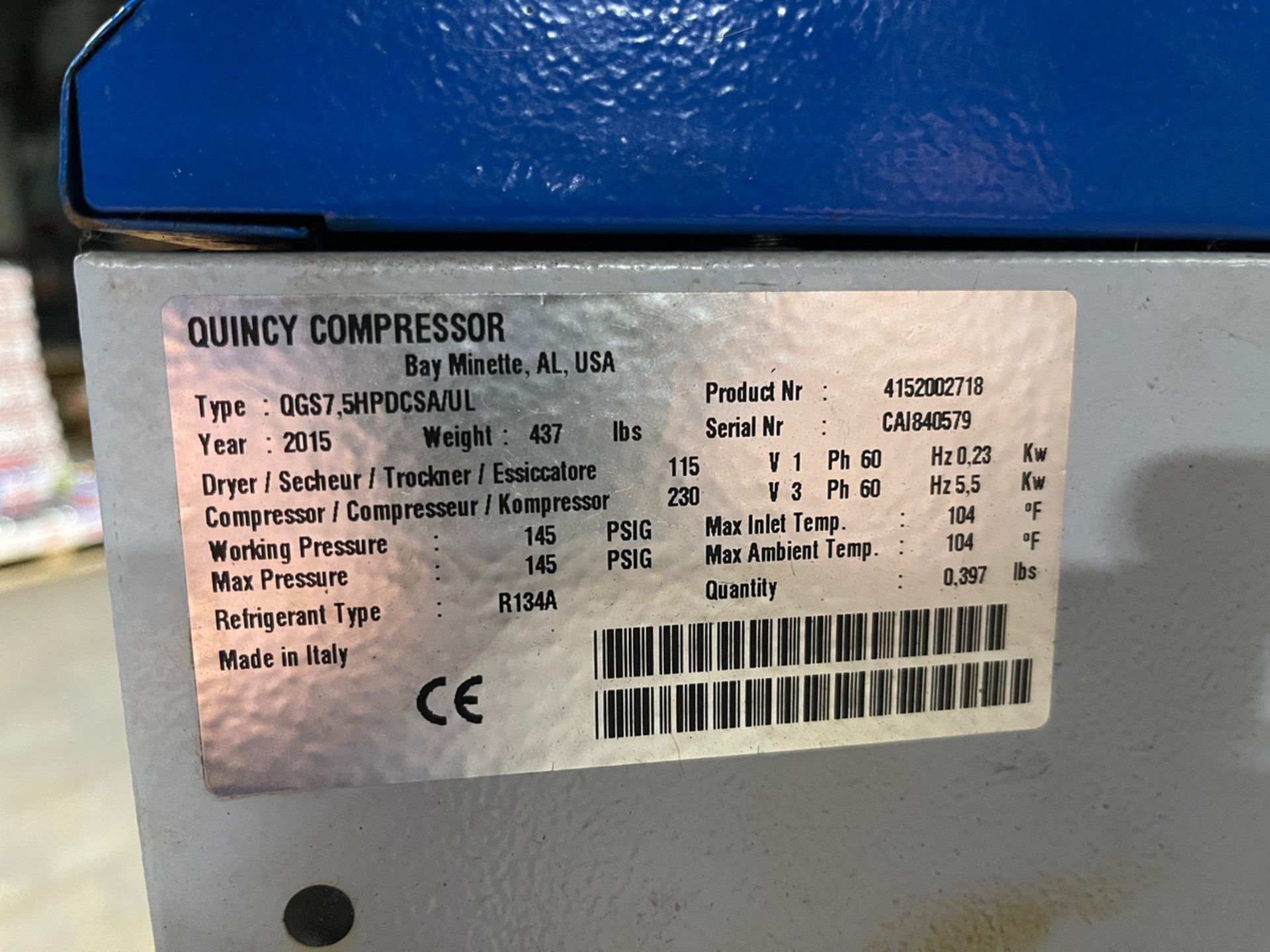 2015 Quincy QGS-7.5 HP Air Compressor, S/N CAI840579 | Rig Fee $35 - Image 2 of 2