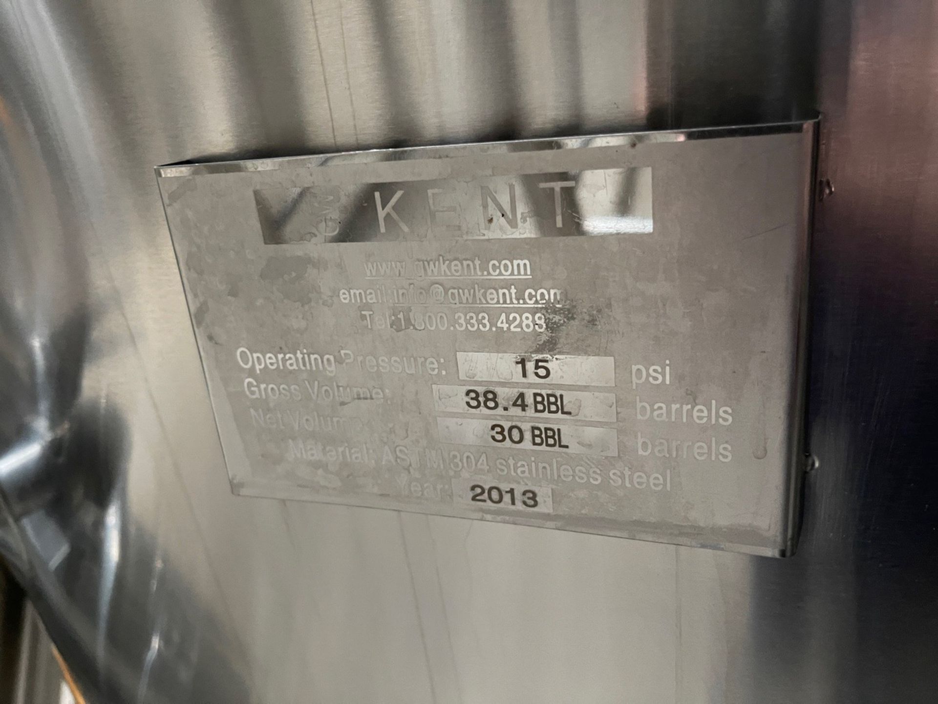 2013 - 30 BBL G.W. Kent Stainless Steel Fermentation Tank, Cone Bottom, Glycol Jacke | Rig Fee $1150 - Image 3 of 3