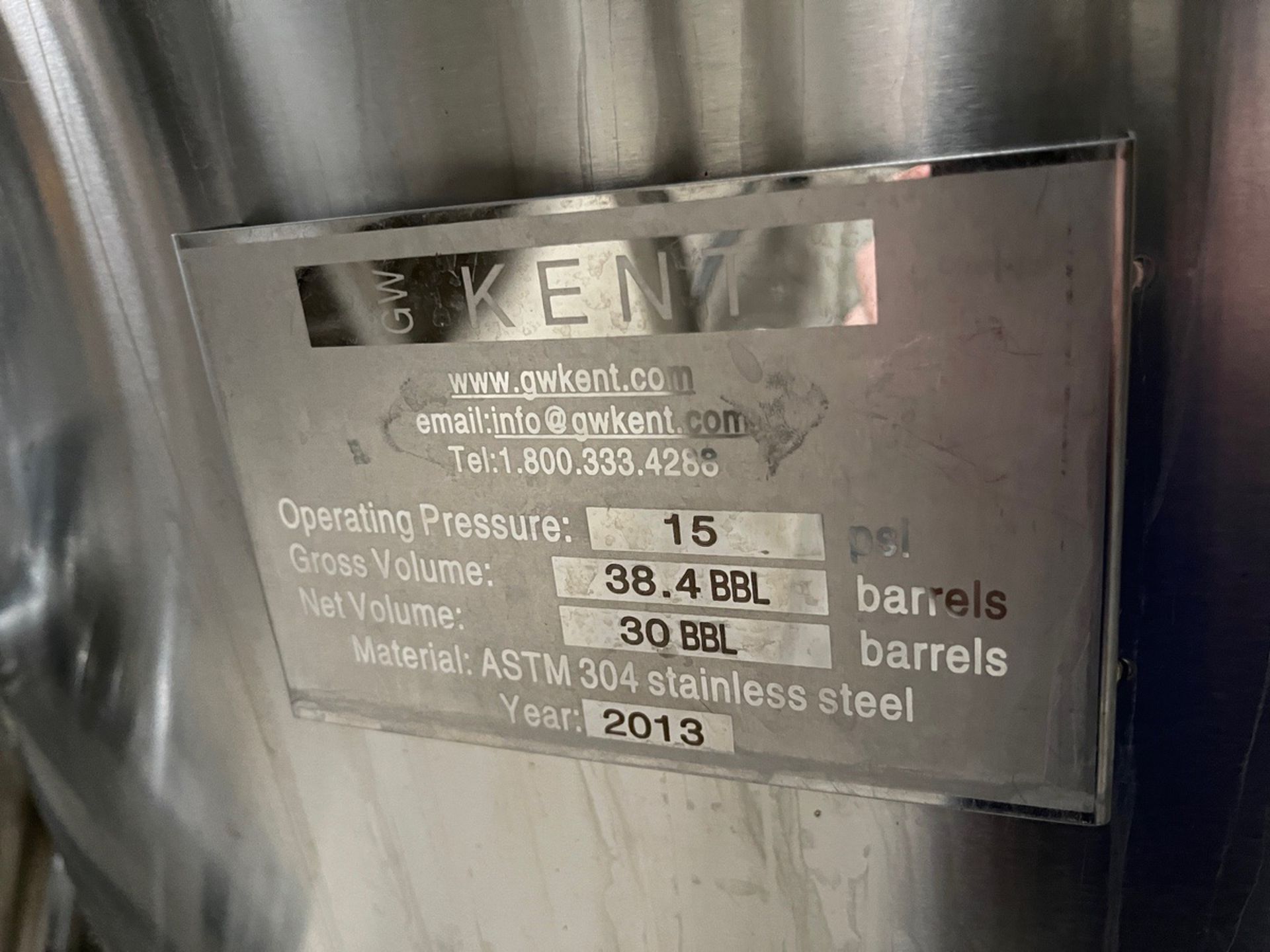 2013 - 30 BBL G.W. Kent Stainless Steel Fermentation Tank, Cone Bottom, Glycol Jacke | Rig Fee $1150 - Image 3 of 3