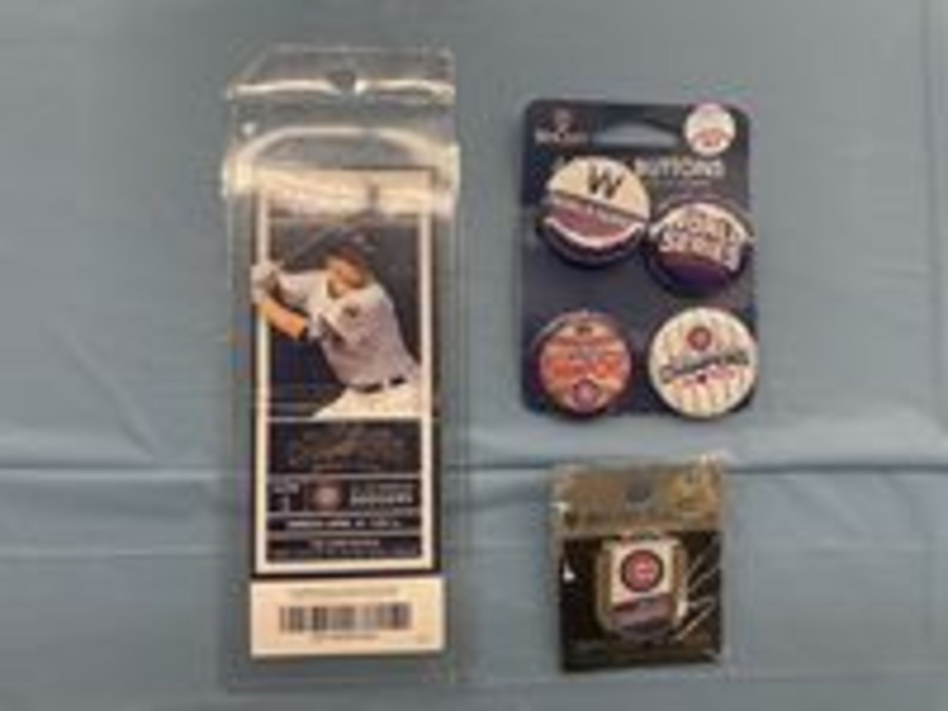 (Lot) 2016 Chicago Cubs World Series Cubs c/o: 5 Win Craft Pins, Opening Day Ticket Stub in case