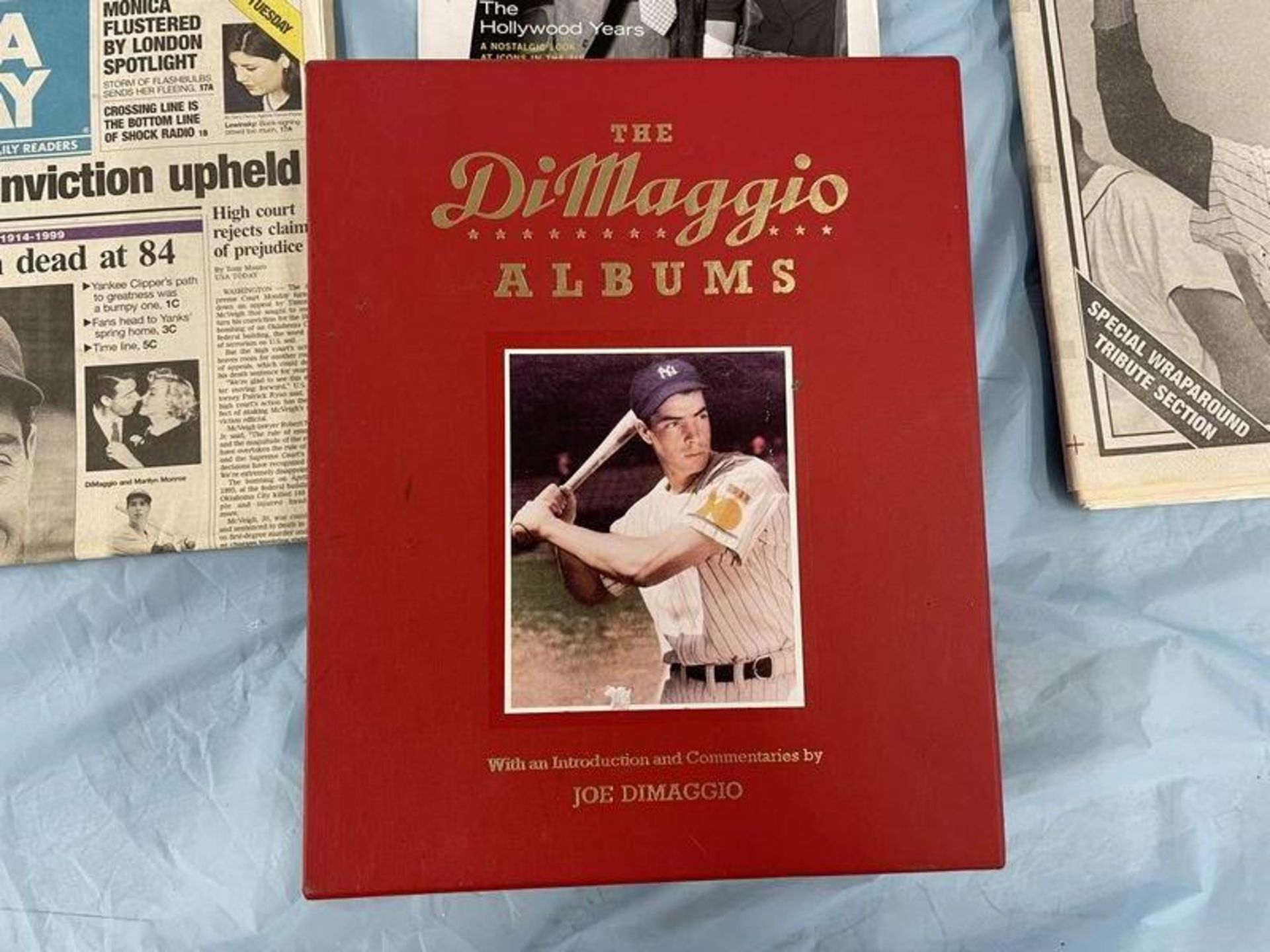 (Lot) Joe DiMaggio package c/o: never opened 2 volume album in case, (2) newspapers - Image 2 of 3