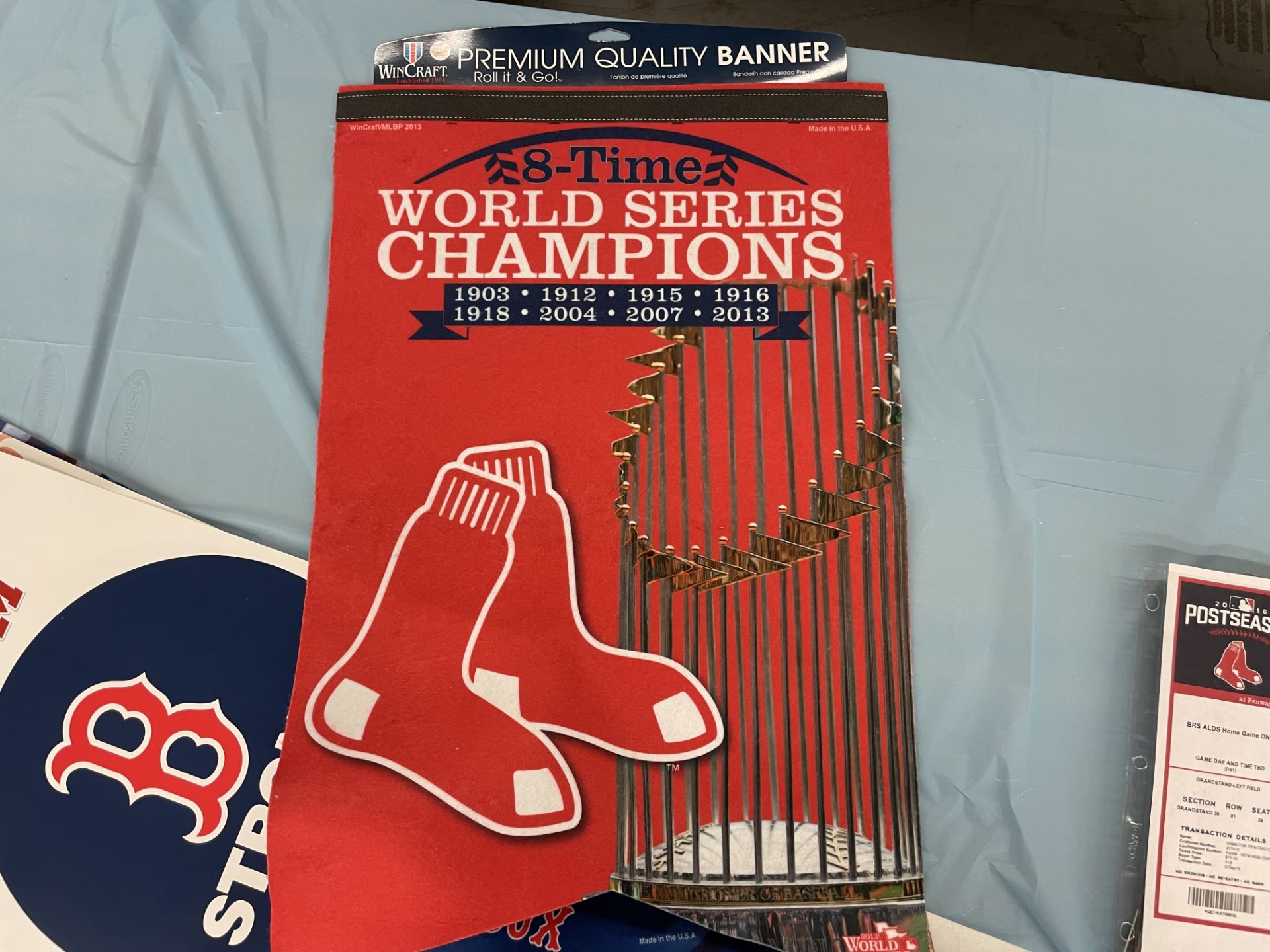 (Lot) Red Sox c/o: 8 time World Series Champions Premium Banner, 2004 David Ortiz Wheaties Box, 2013 - Image 3 of 6