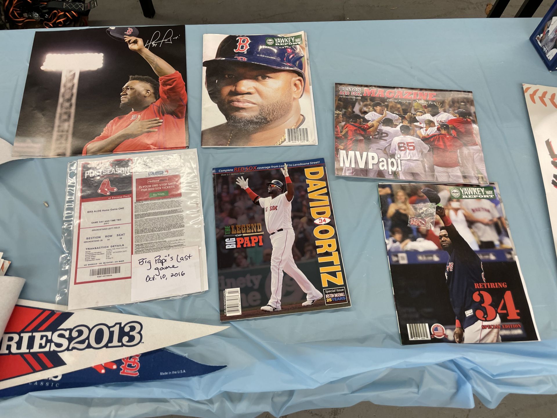 (Lot) Red Sox c/o: 8 time World Series Champions Premium Banner, 2004 David Ortiz Wheaties Box, 2013 - Image 2 of 6