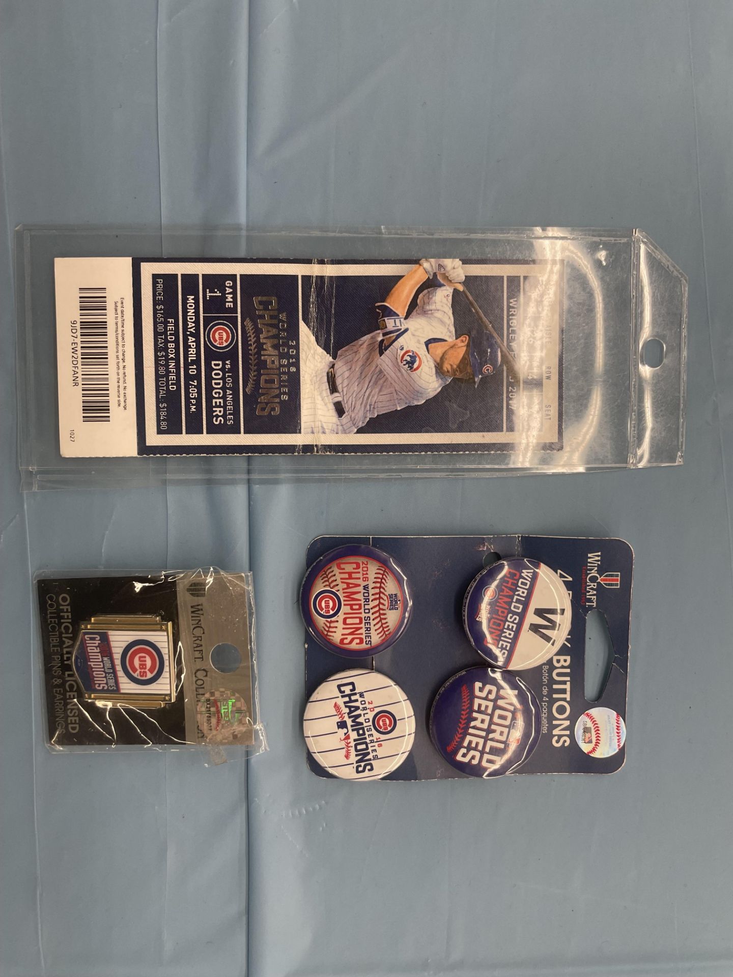 (Lot) 2016 Chicago Cubs World Series Cubs c/o: 5 Win Craft Pins, Opening Day Ticket Stub in case - Image 2 of 10