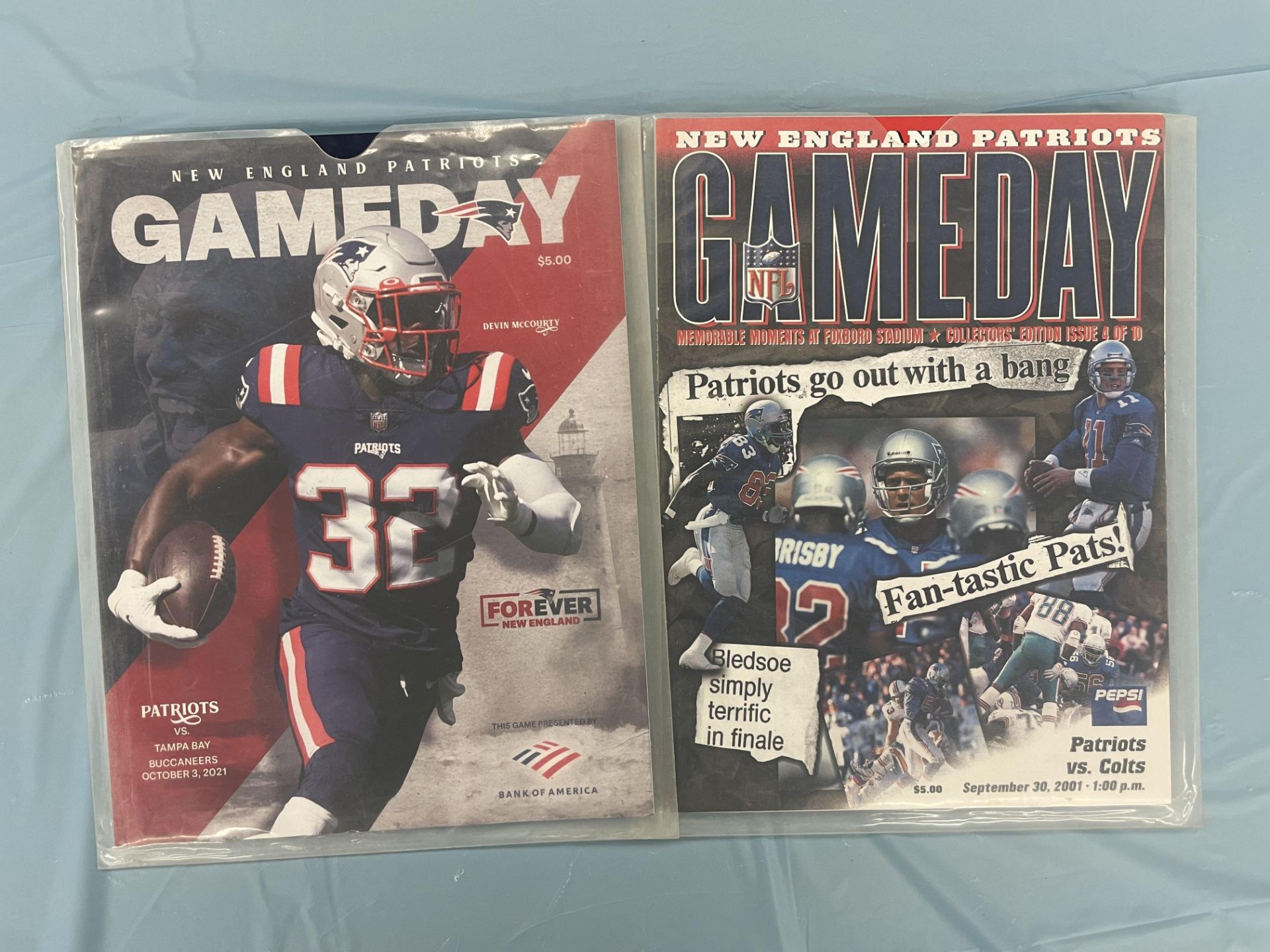 (Lot) (2) Game Day programs, Sept 30th 2001 & Oct. 3 2021 Tom Brady's First and Last GameDay w/New E