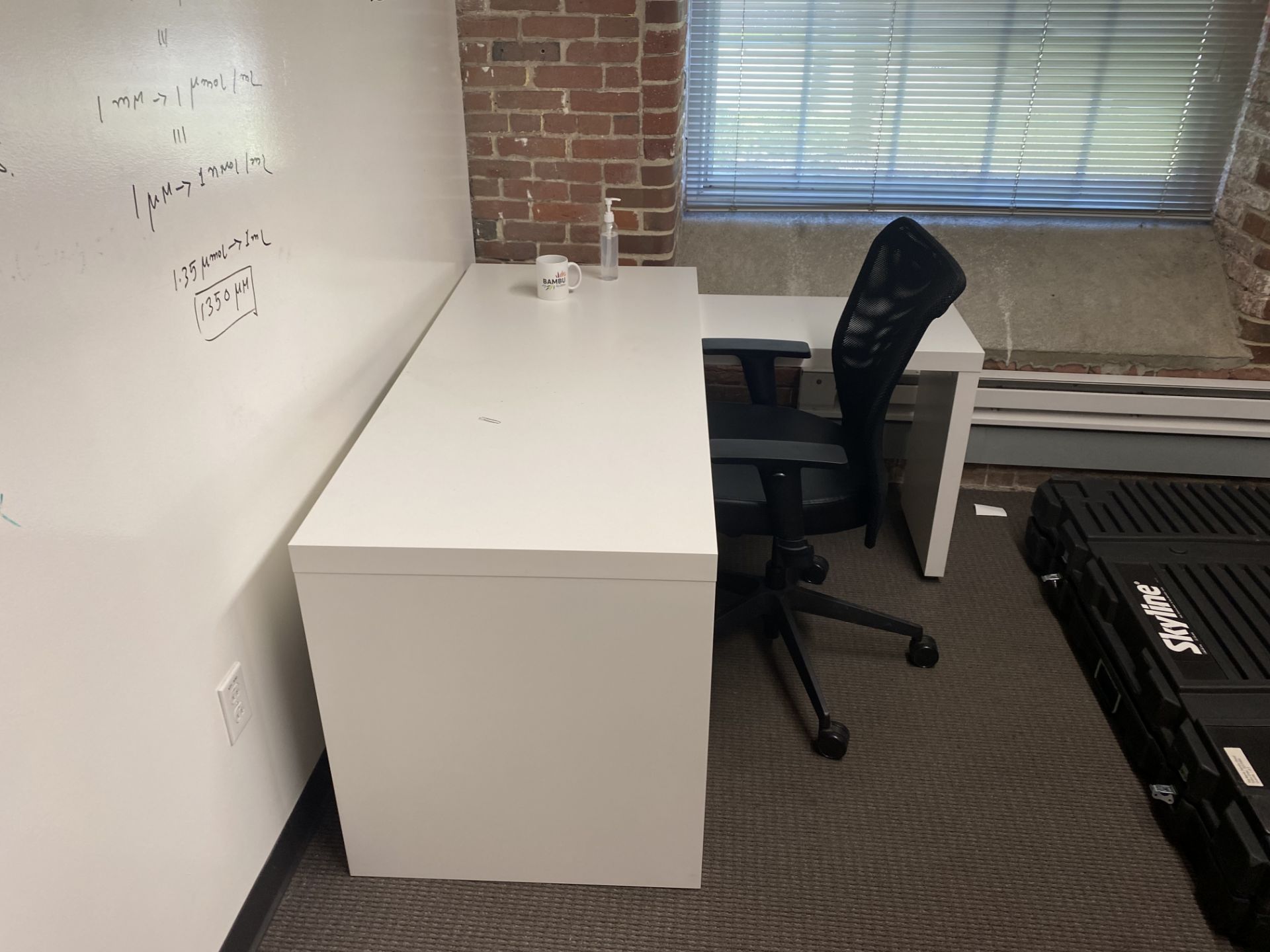 {LOT} Balance in Office co: 2 L Shaped Laminate Desks, Uph. Swivel Arm Chair, & 2 Drawer File