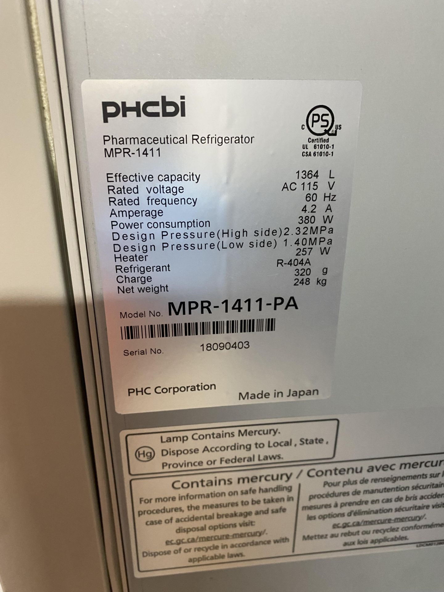 PHCBI #MPR1411 2 Glass Door Illuminated Pharmaceutical Refrigerator, Portable, 1364 Liter - Image 3 of 3