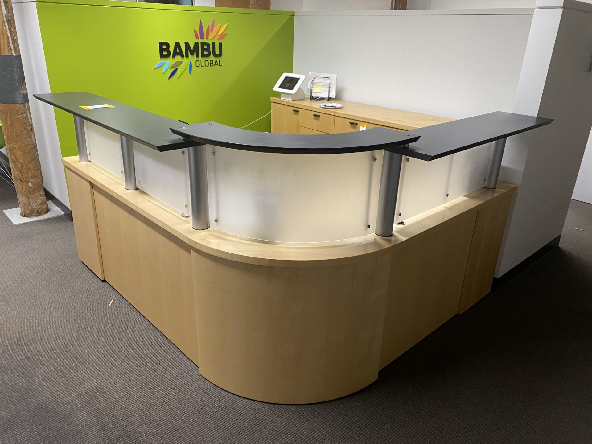 L-Shaped Laminate Reception Desk w/Frosted Panel w/Matching Credenza & Swivel Arm Chair