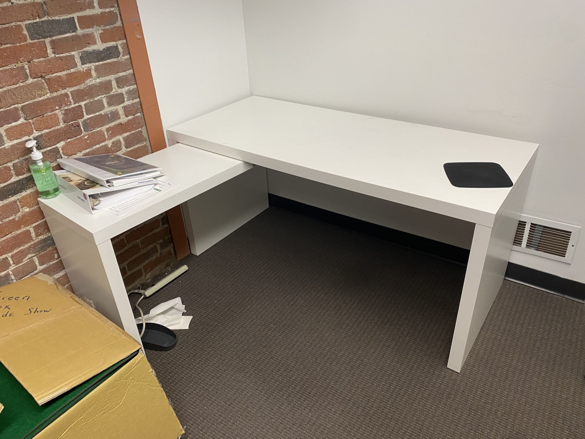 {LOT} Balance in Office co: 2 L Shaped Laminate Desks, Uph. Swivel Arm Chair, & 2 Drawer File - Image 3 of 3