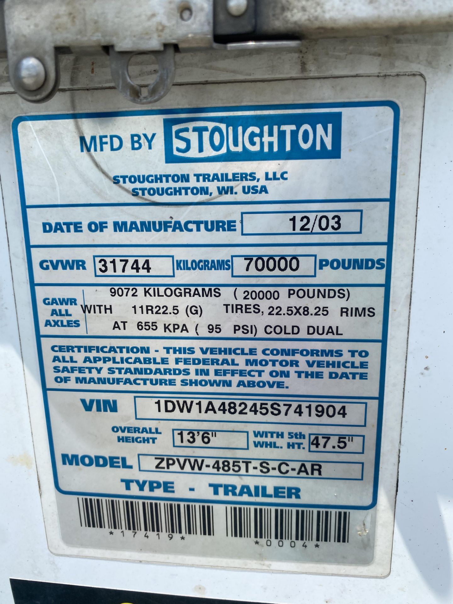 2005 Stoughton Z Plate 48' Trailer w/Liftgate, Vin#: 1DW1A48245S741904 (Unit #: 48126) **NO TITLE** - Image 2 of 4