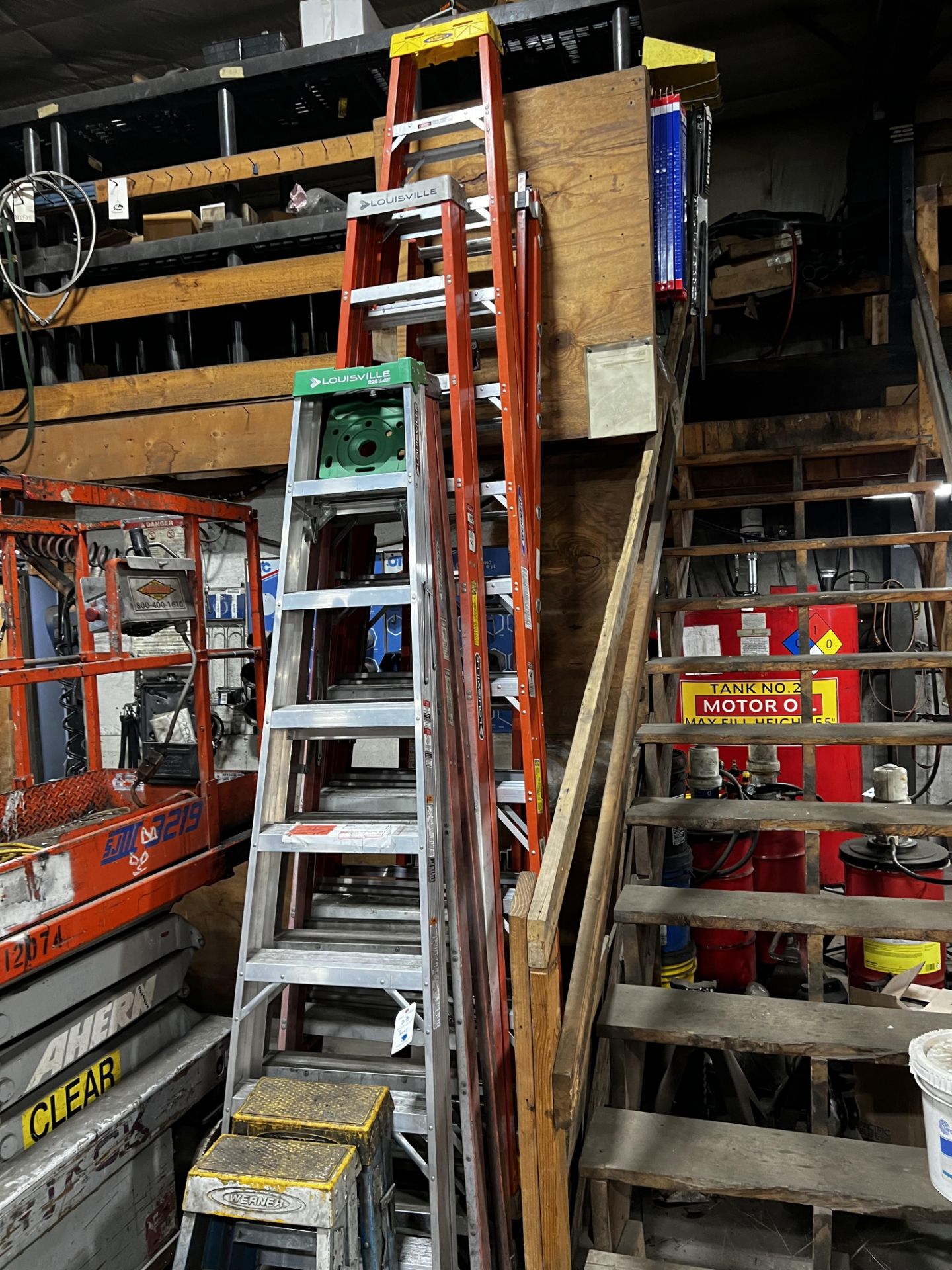 (7) Asst Step Ladders - (1) 12' - (1) 10' - (2) 8' - (2) 2' - (1) 20' Ext