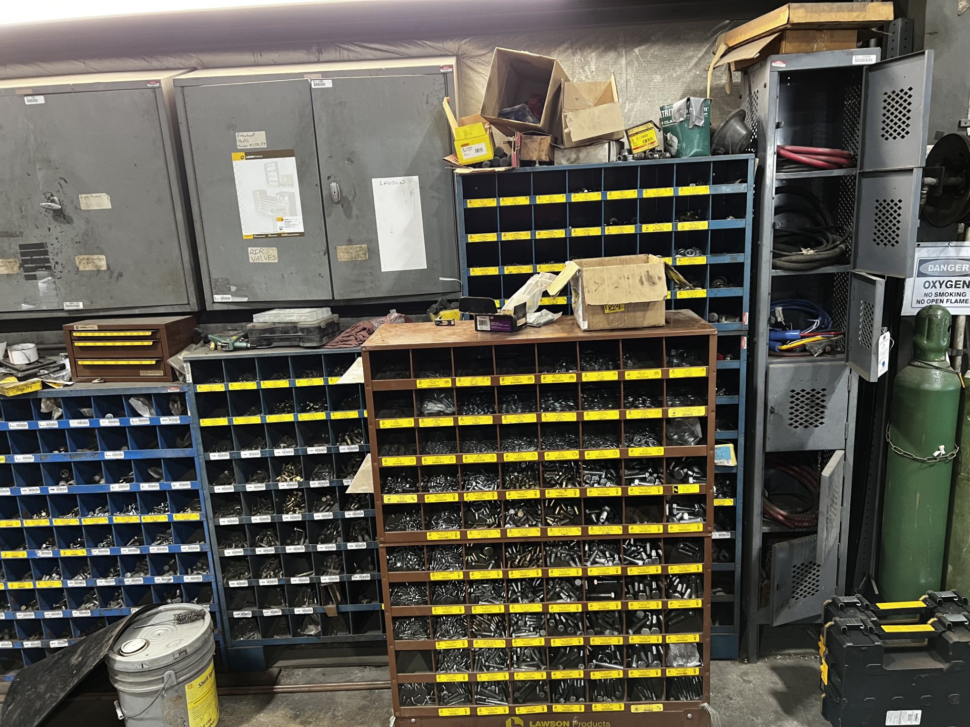 {LOT} Bins w/ Asst HDWE , Bulbs (NO Ped. Grinder)