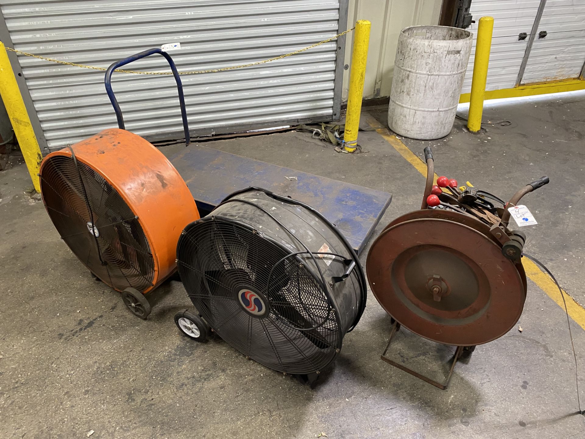 {LOT} 2 Warehouse Fans, Cart & Banding Unit