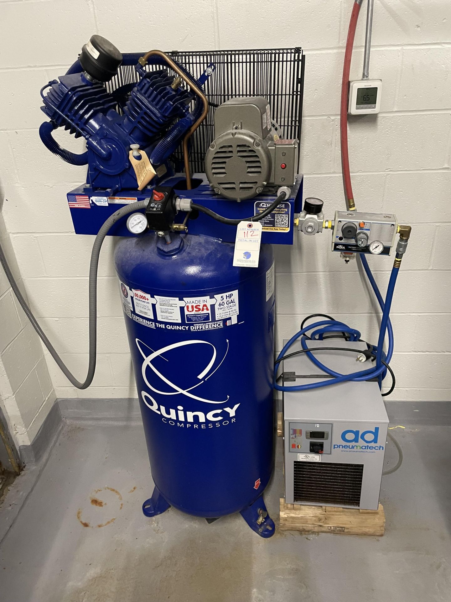 Quincy 5 HP Upright Air Compressor, Single Phase 60 Gallon Tank w/Pneumatic Dryer