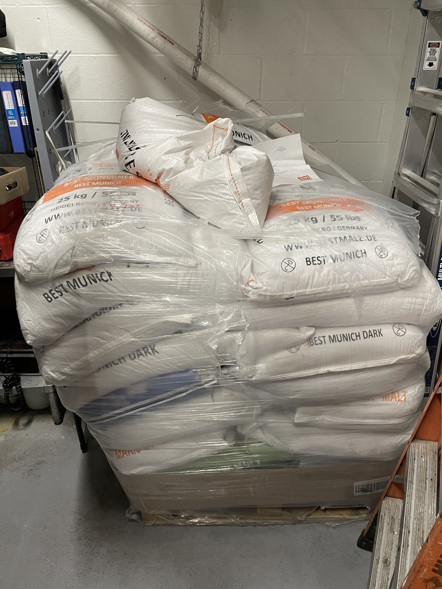 {LOT} Malts on Pallets - (26) 55 Lb. Bags of Best Munich Chit Malt & CMC 2-Row Malt & Other Asst.