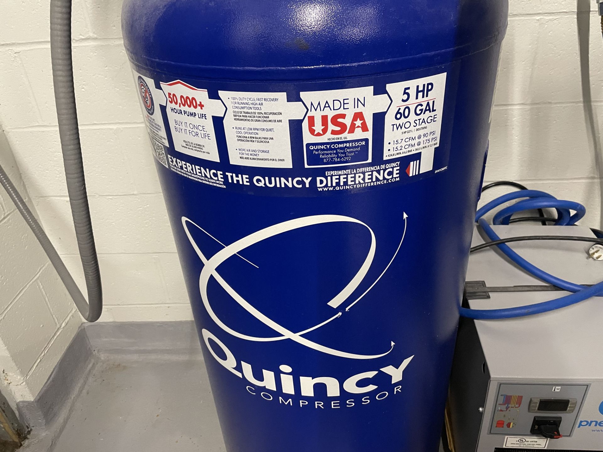 Quincy 5 HP Upright Air Compressor, Single Phase 60 Gallon Tank w/Pneumatic Dryer - Image 2 of 3