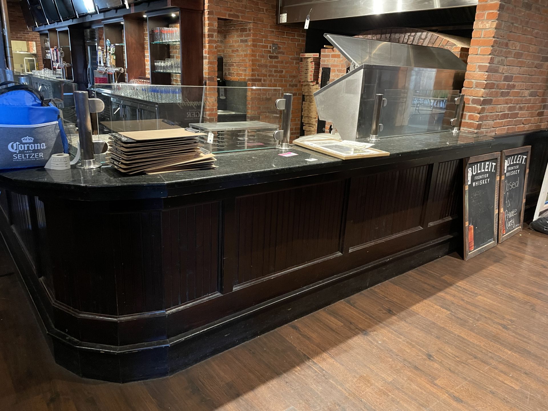 L Shaped Granite Top Wood Front Bar 21'+16'+8'x18" Depth w/ Wood Step Down and (3) wood Columns