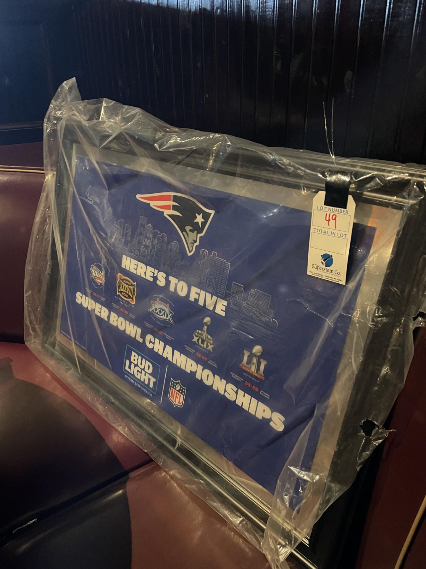 Bud Light NE Patriots 5X Super Bowl Champs Framed Sign 24"x36"