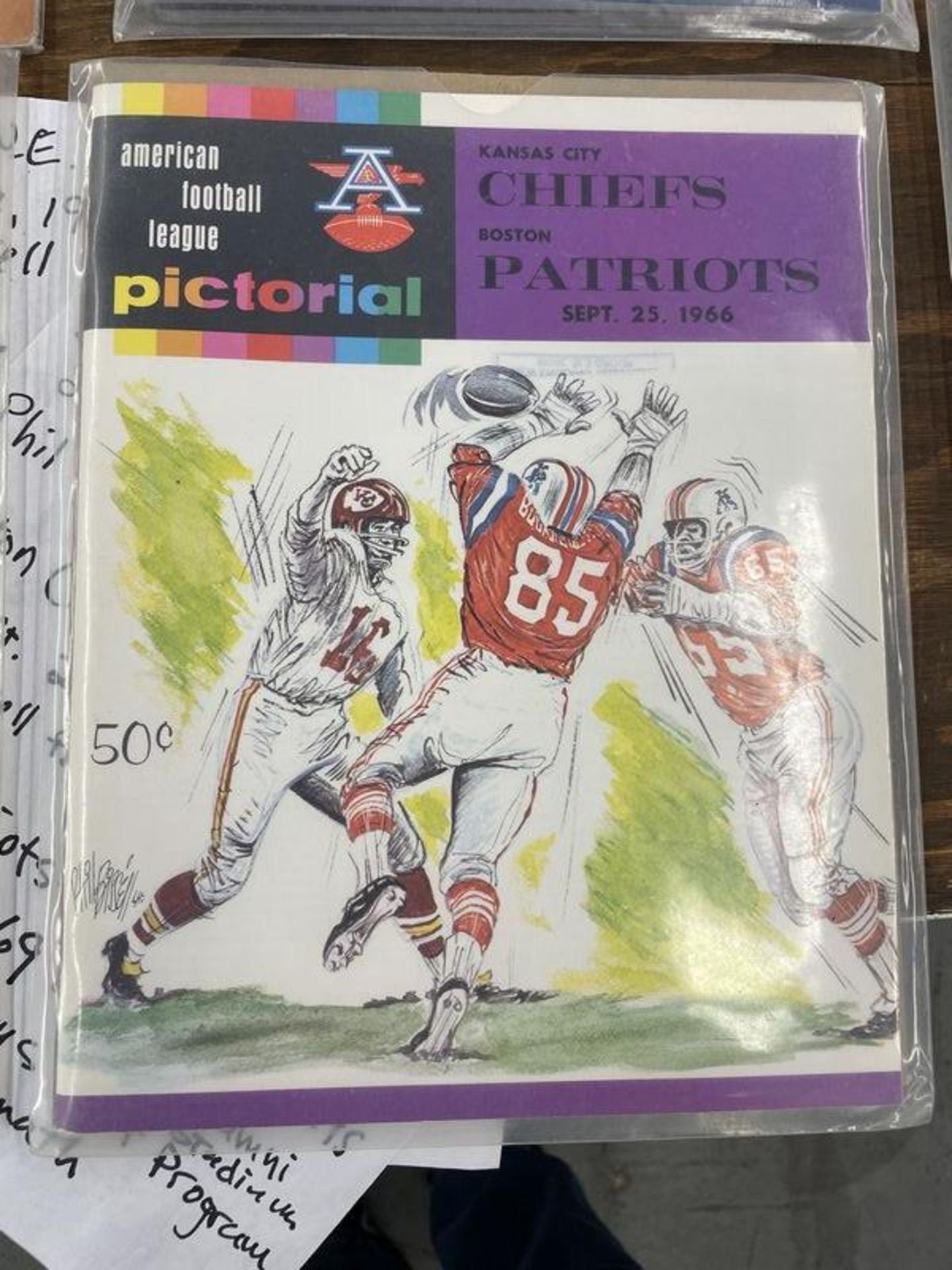 Patriots Vs Chiefs Sept. 25th 1966 Program w/ Phil Bissell Art Work w/ Fenway