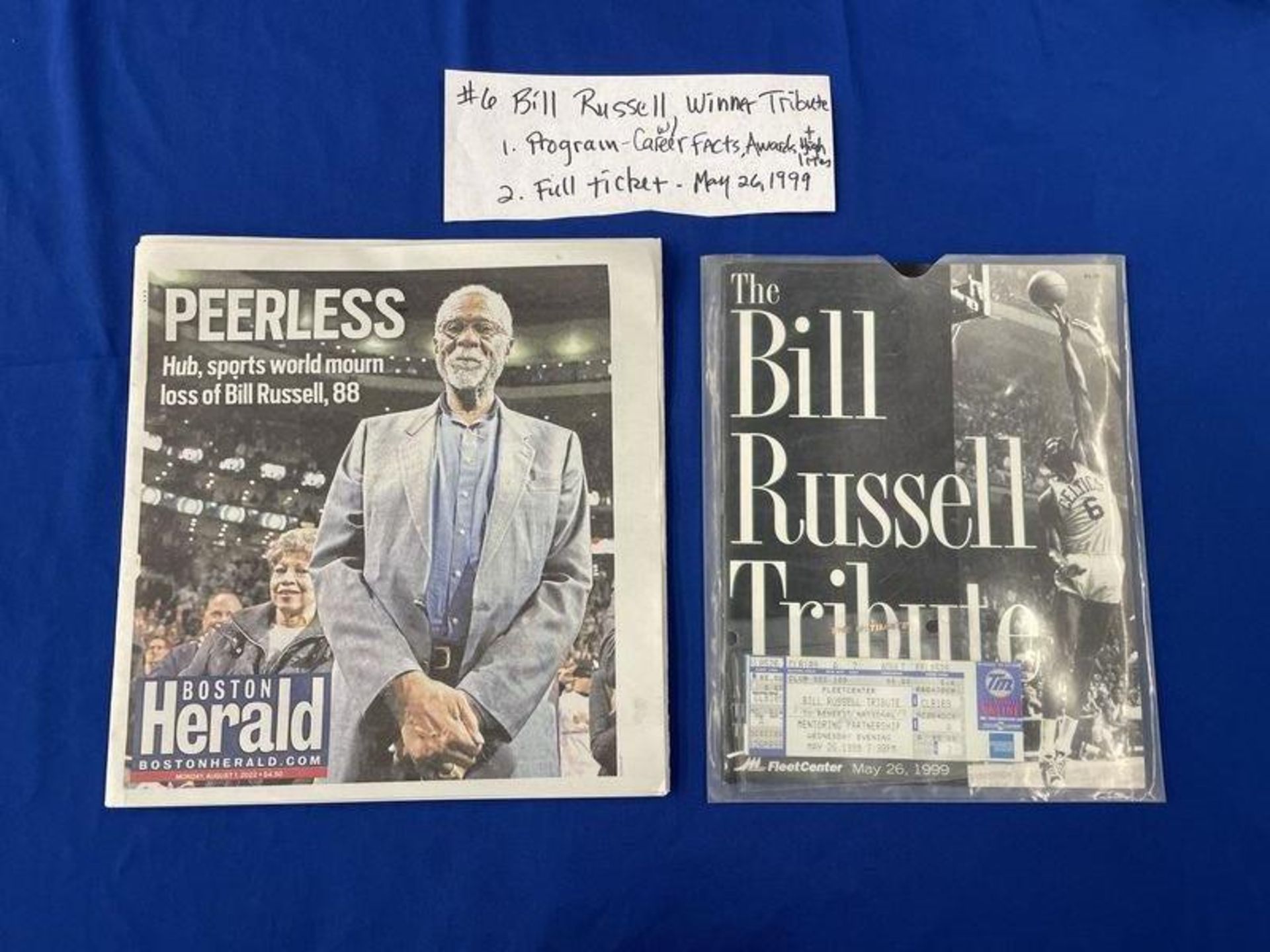 Bill Russel Tribute Package w/ 1999 Program, Tribute Ticket, and Boston Herald Edition Bill Russel