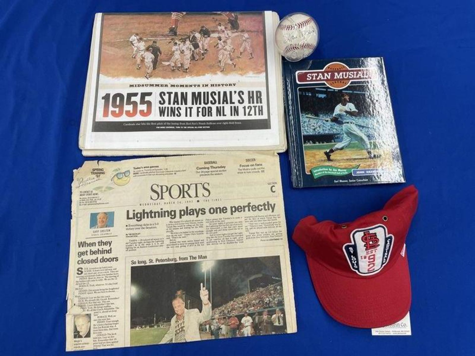 (LOT) Stan Musial Package C/O: Book, Signed Baseball, Unopened Commemorative Card Pack, St. L Hat