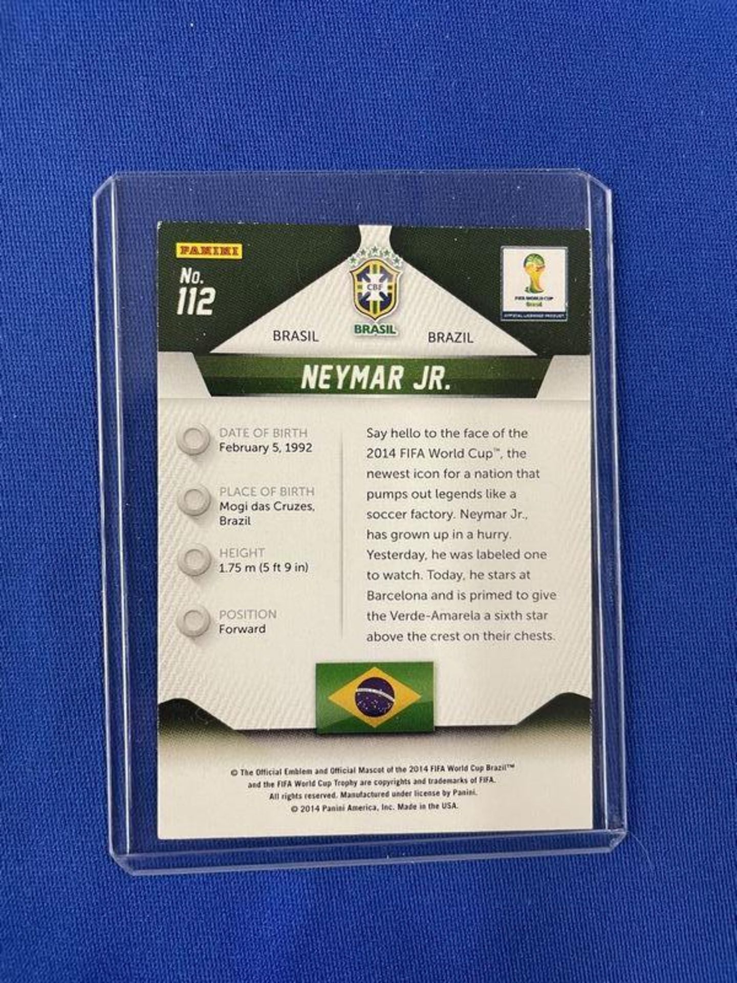 (LOT) 2014 FIFA Brazil Hat (NIB), Neymar Junior Panini Prism #112 Player Car, And Newspaper - Image 2 of 4