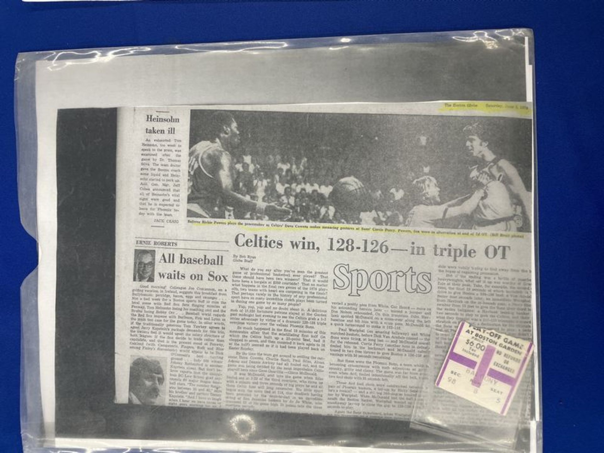 1976 Game 5 NBA Finals Ticket Stub Triple Overtime w/ Newspaper Article (Greatest Playoff Game)
