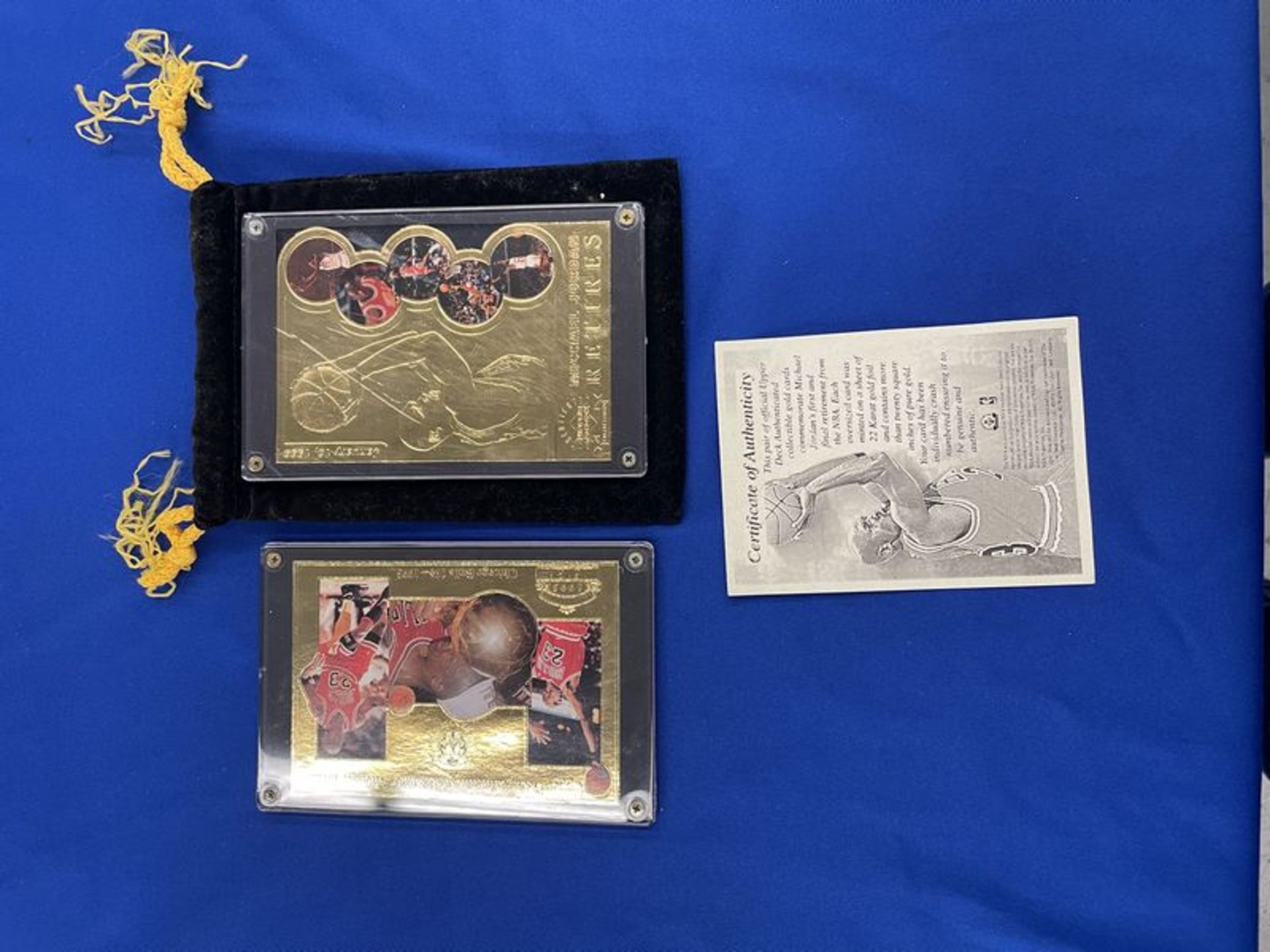 (2) Michael Jordan Oversized Gold Foil Numbered Player Card. First and Final Retirements w/ Coa