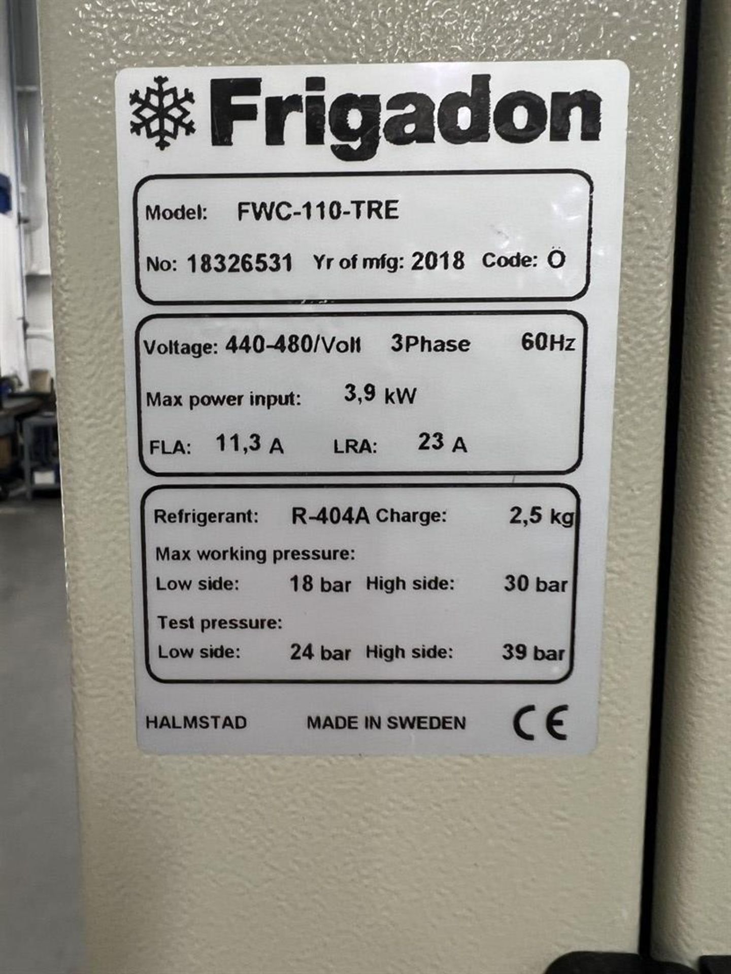 2018 FRIGADON FWX-110-TRE Chiller System, s/n 18326531, R-404A - Image 4 of 4