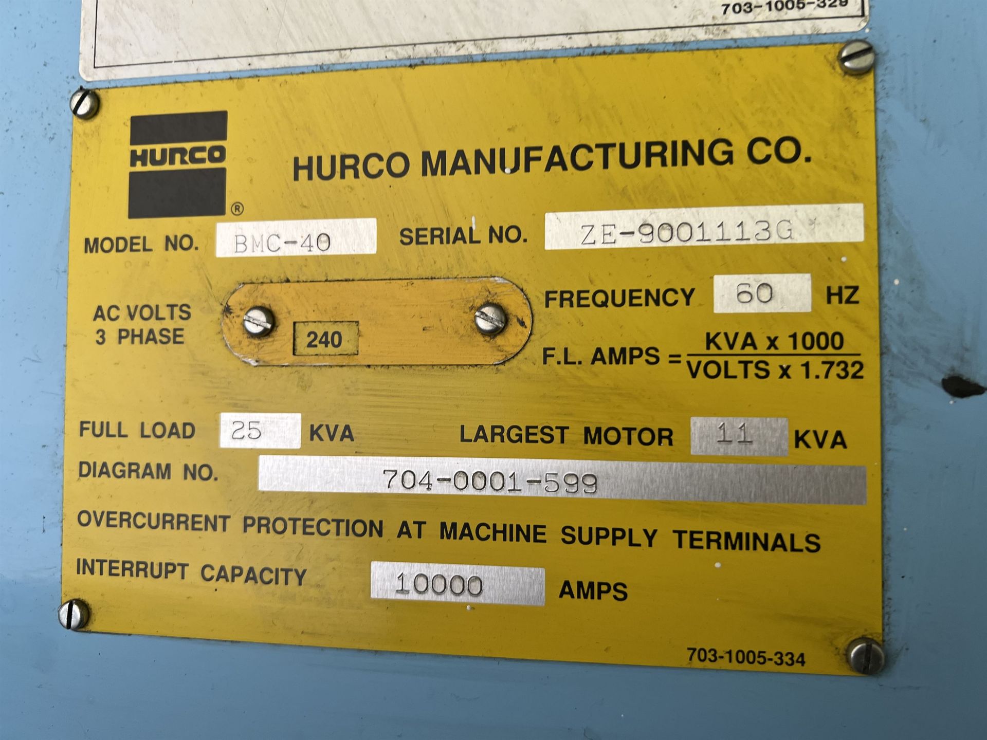 HURCO BMC-40 CNC Vertical Machining Center, s/n ZE9001113G, HURCO Ultimax 3 CNC Control, 27-1/2" x - Image 8 of 8