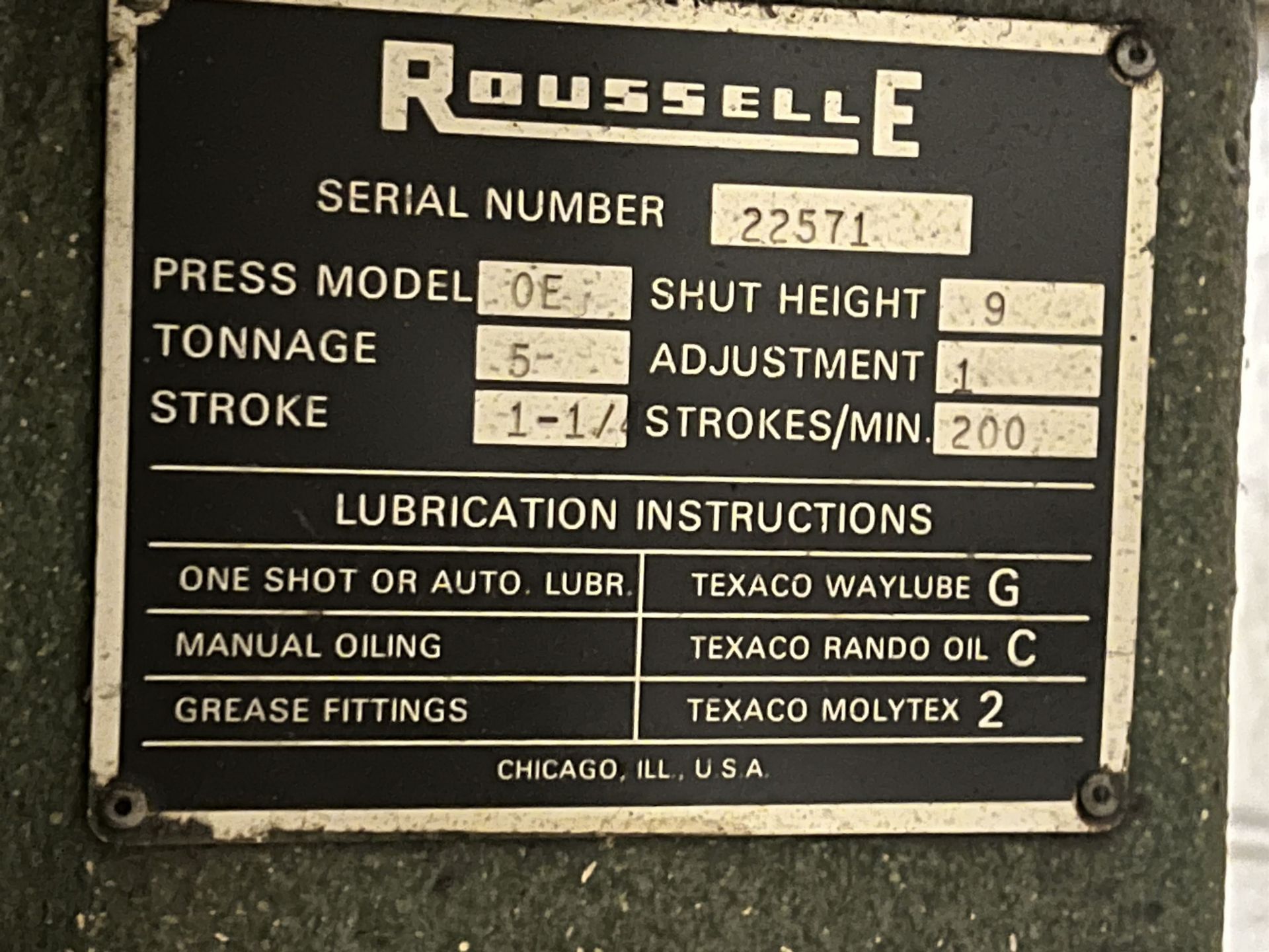 ROUSSELLE No. 0E Punch Press, s/n 22571, 5 Ton, 1-1/4" Stroke, 1" Adj, 9" Shut Height, 200 SPM (This - Image 5 of 6