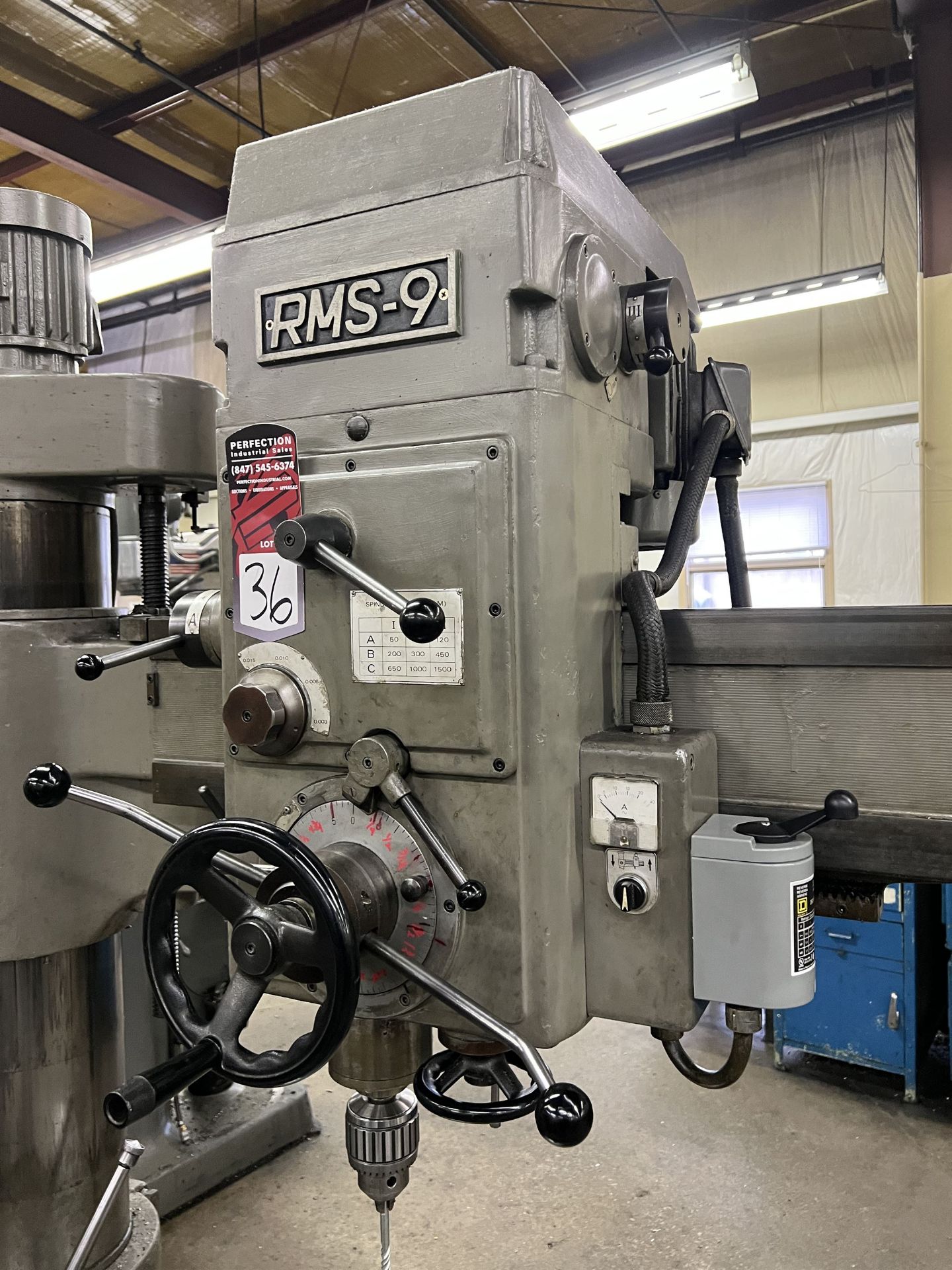 IKEDA RMS-9 Radial Arm Drill Press, s/n 77074, 9" Dia Column x 3' Arm, T-Slotted Table, 50-1500 - Image 4 of 7