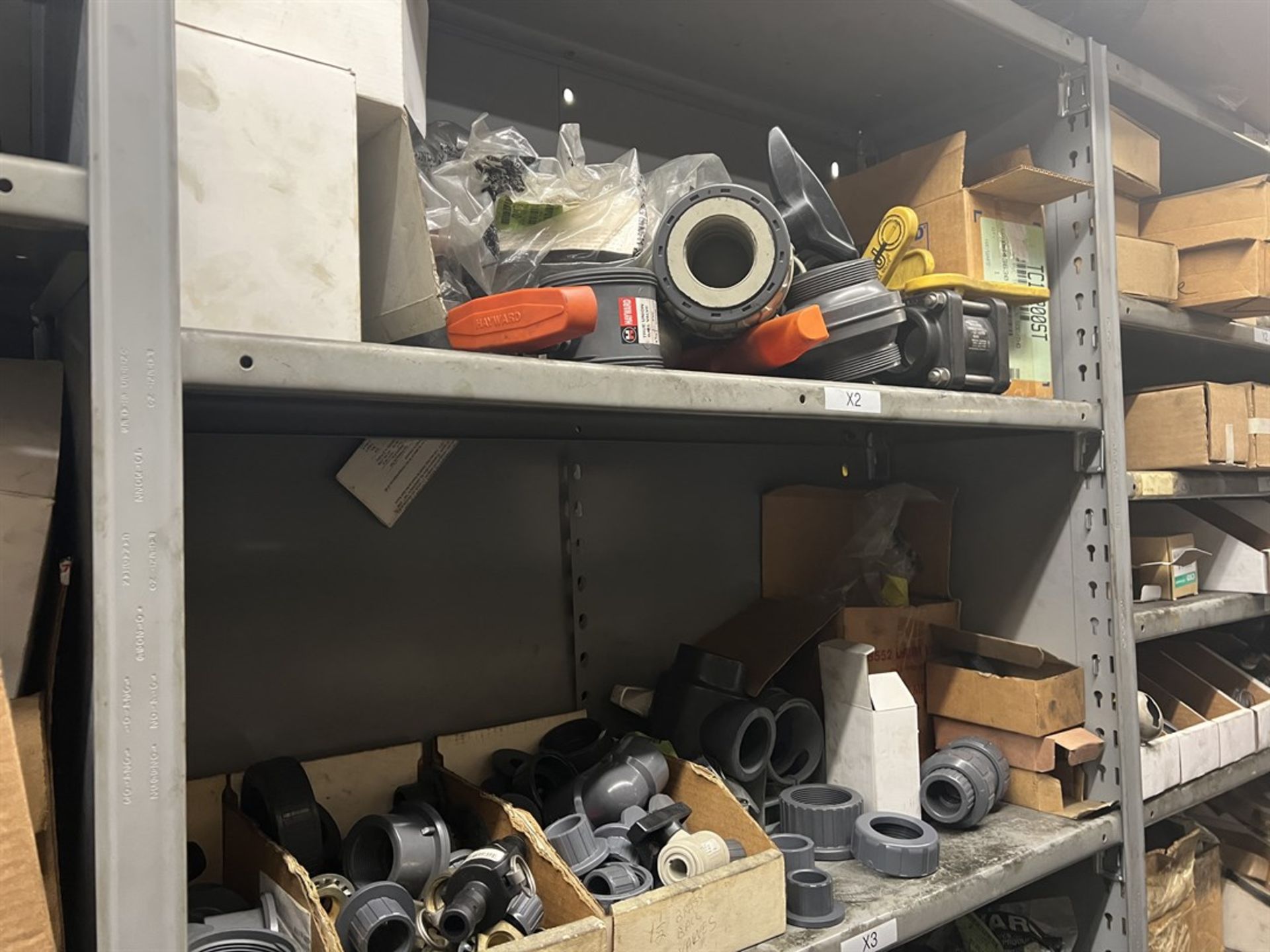 Maintenance Crib- Row of Shop Shelving w/ Contents Including Bearings, Pulleys, Belts, Valves, PVC - Image 17 of 26