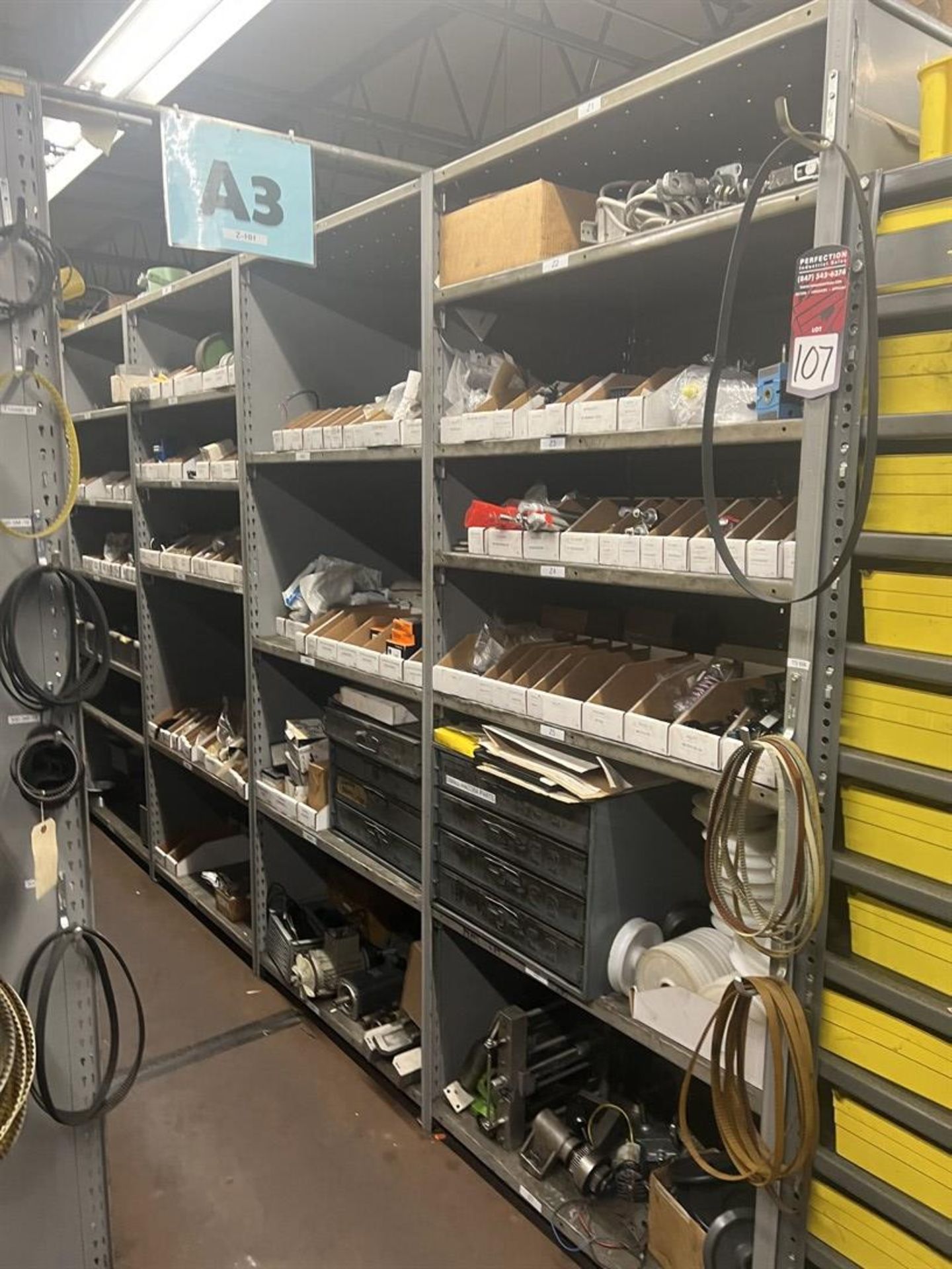 Maintenance Crib- Row of Shop Shelving w/ Contents Including Sprocket, Grippers, Pistons, Mounting