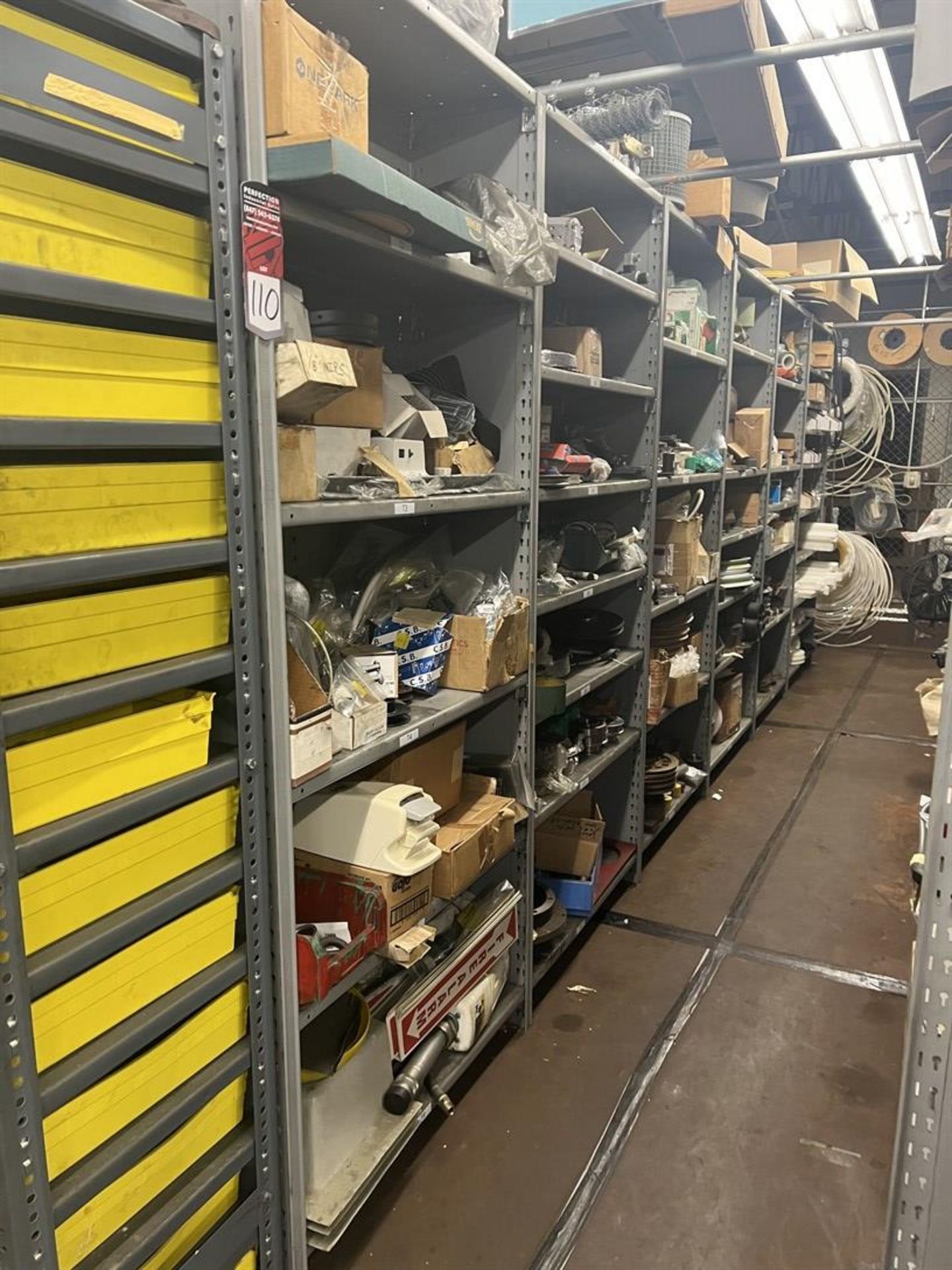 Maintenance Crib- Row of Shop Shelving w/ Contents Including Bearings, Pulleys, Belts, Valves, PVC