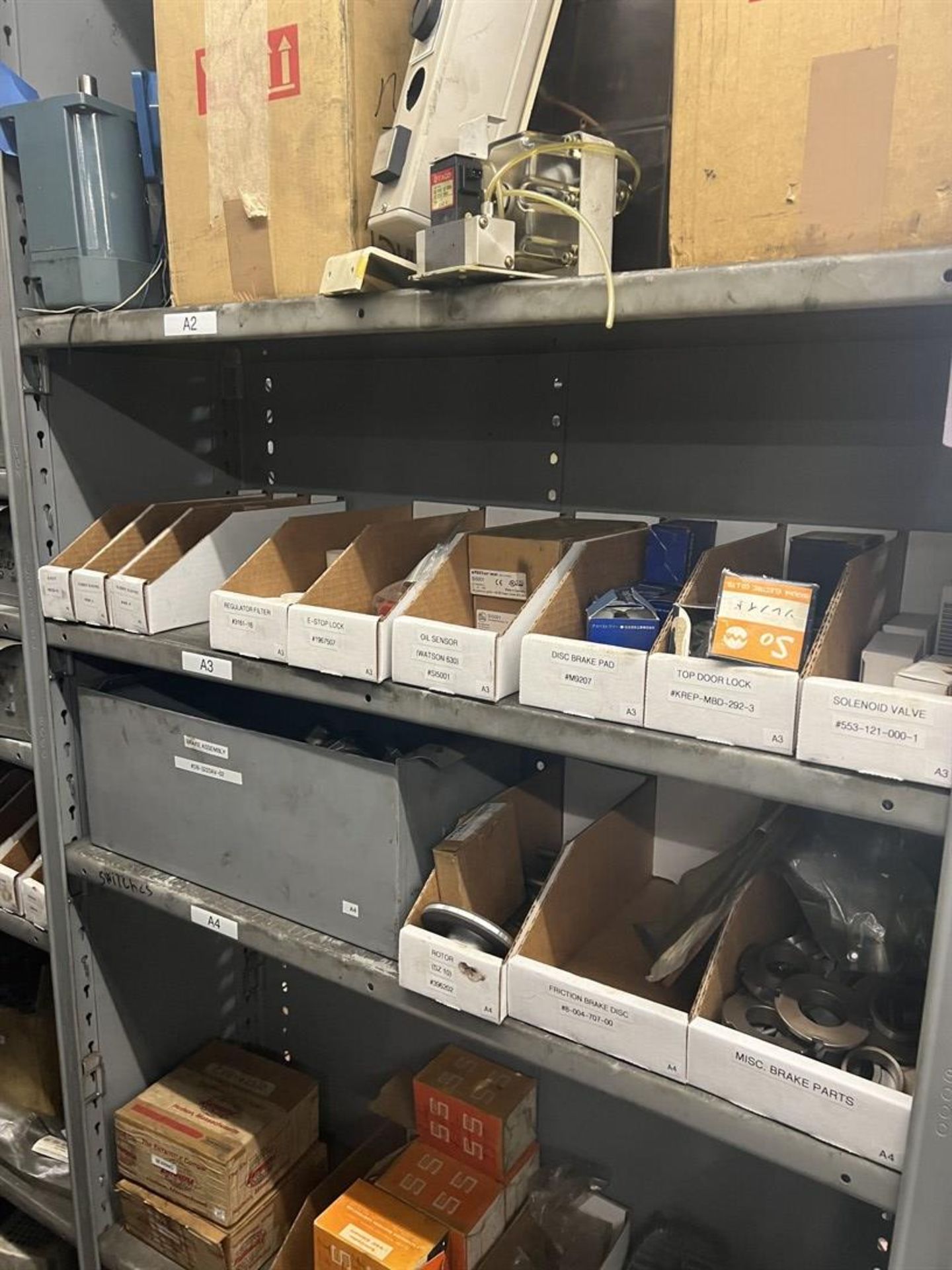 Maintenance Crib- Row of Shop Shelving w/ Contents Including Brakes, Pads, Solenoids, Oil Sensors, - Image 3 of 30