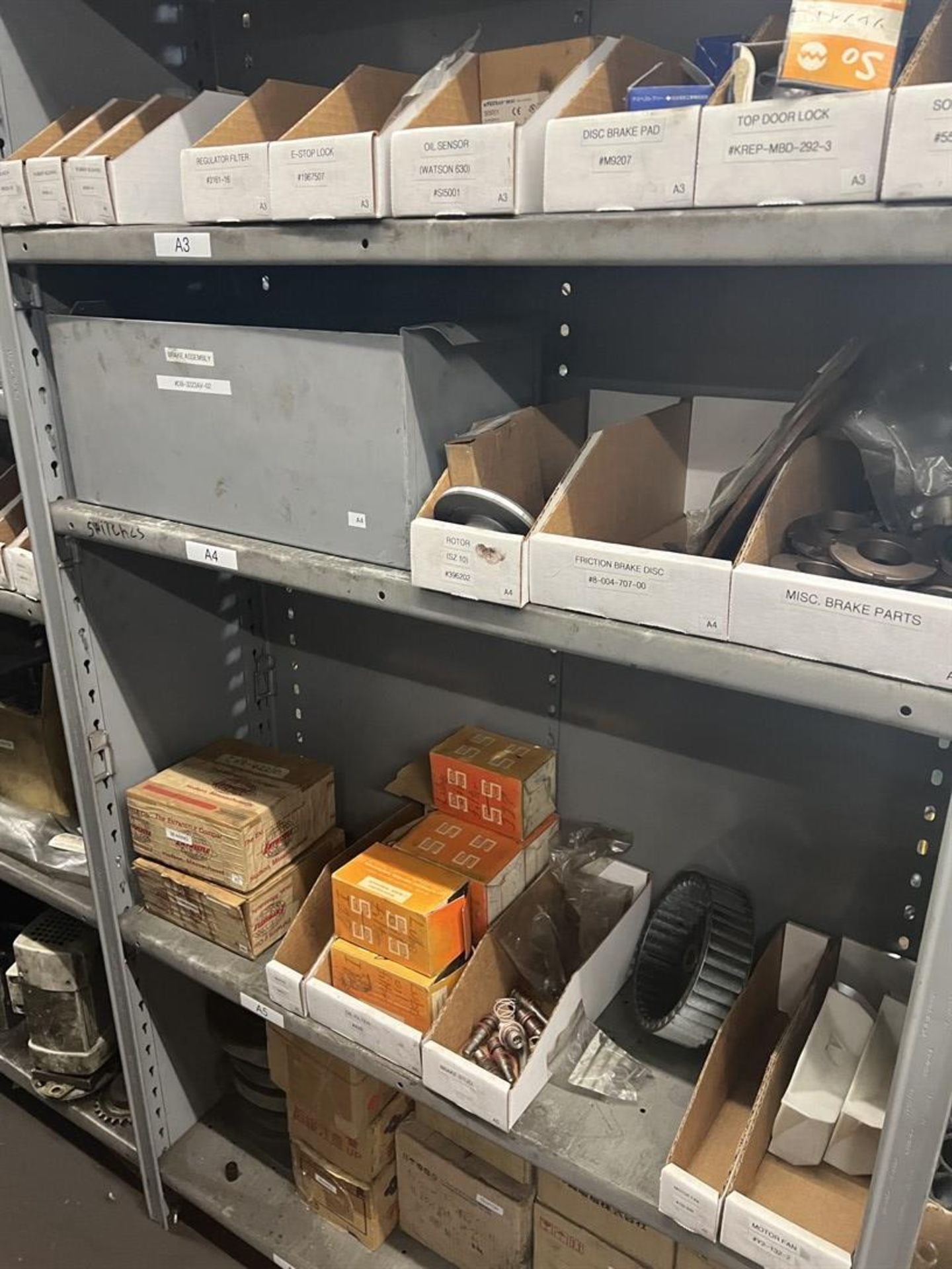 Maintenance Crib- Row of Shop Shelving w/ Contents Including Brakes, Pads, Solenoids, Oil Sensors, - Image 4 of 30