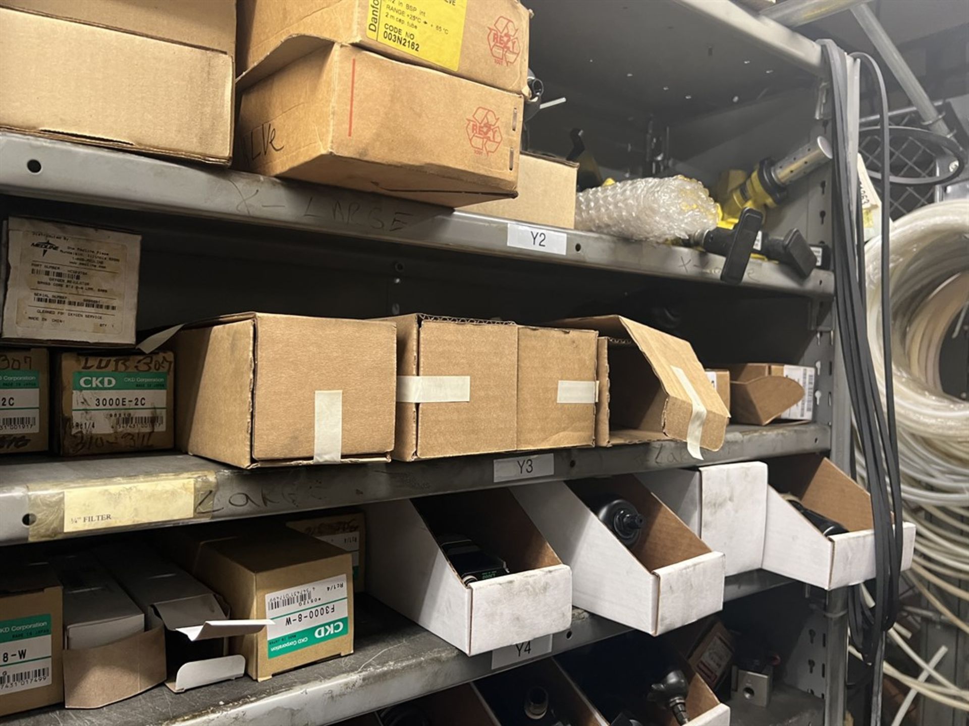 Maintenance Crib- Row of Shop Shelving w/ Contents Including Bearings, Pulleys, Belts, Valves, PVC - Image 24 of 26